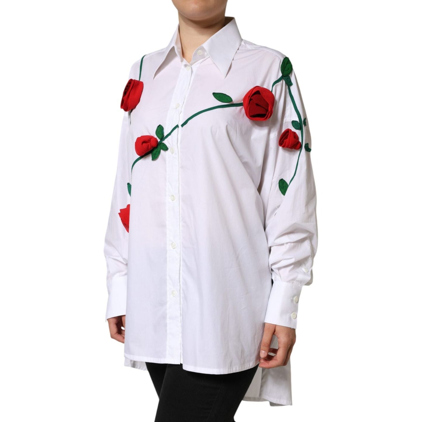 Dolce & Gabbana White Cotton Flower Applique Dress Shirt Top Dolce & Gabbana Light Gray