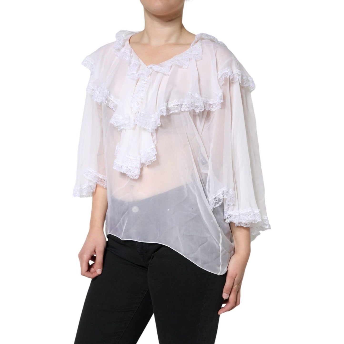 Dolce & Gabbana White Ruffles Lace Long Sleeve Blouse Top Dolce & Gabbana Light Gray