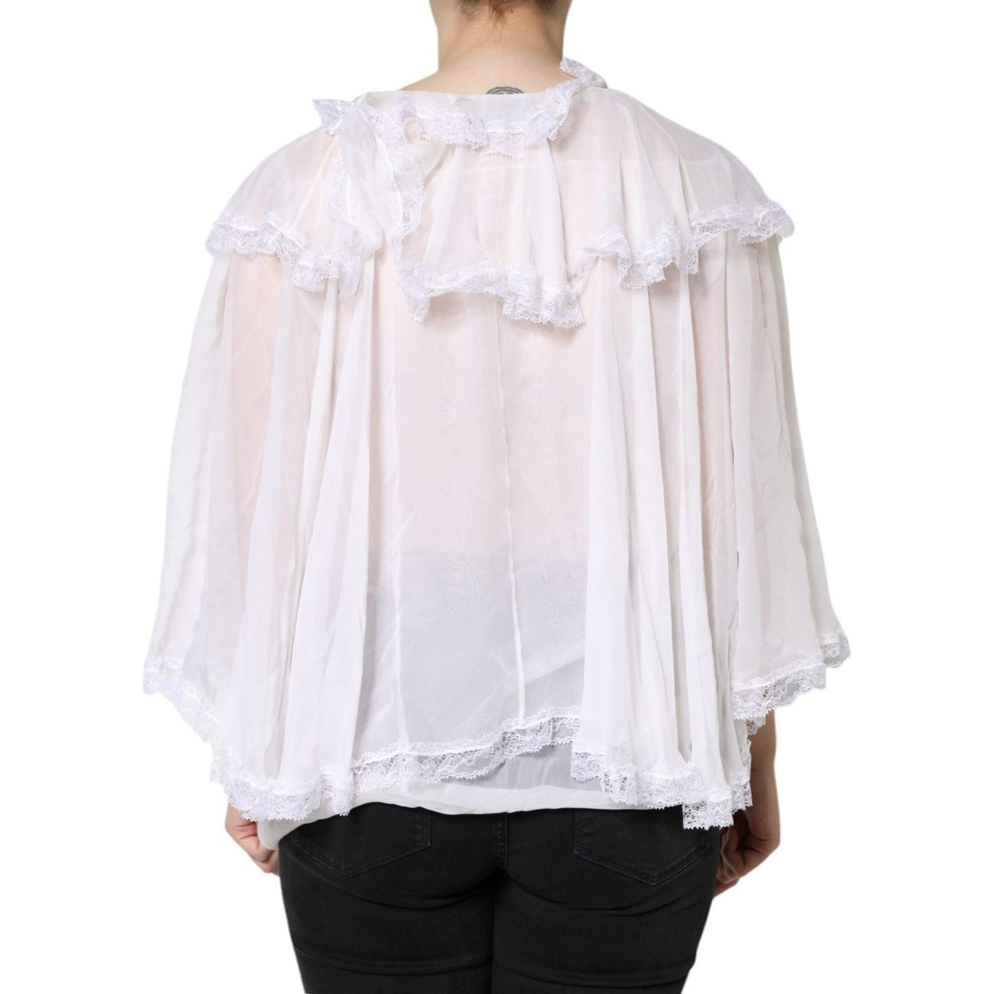 Dolce & Gabbana White Ruffles Lace Long Sleeve Blouse Top Dolce & Gabbana Light Gray