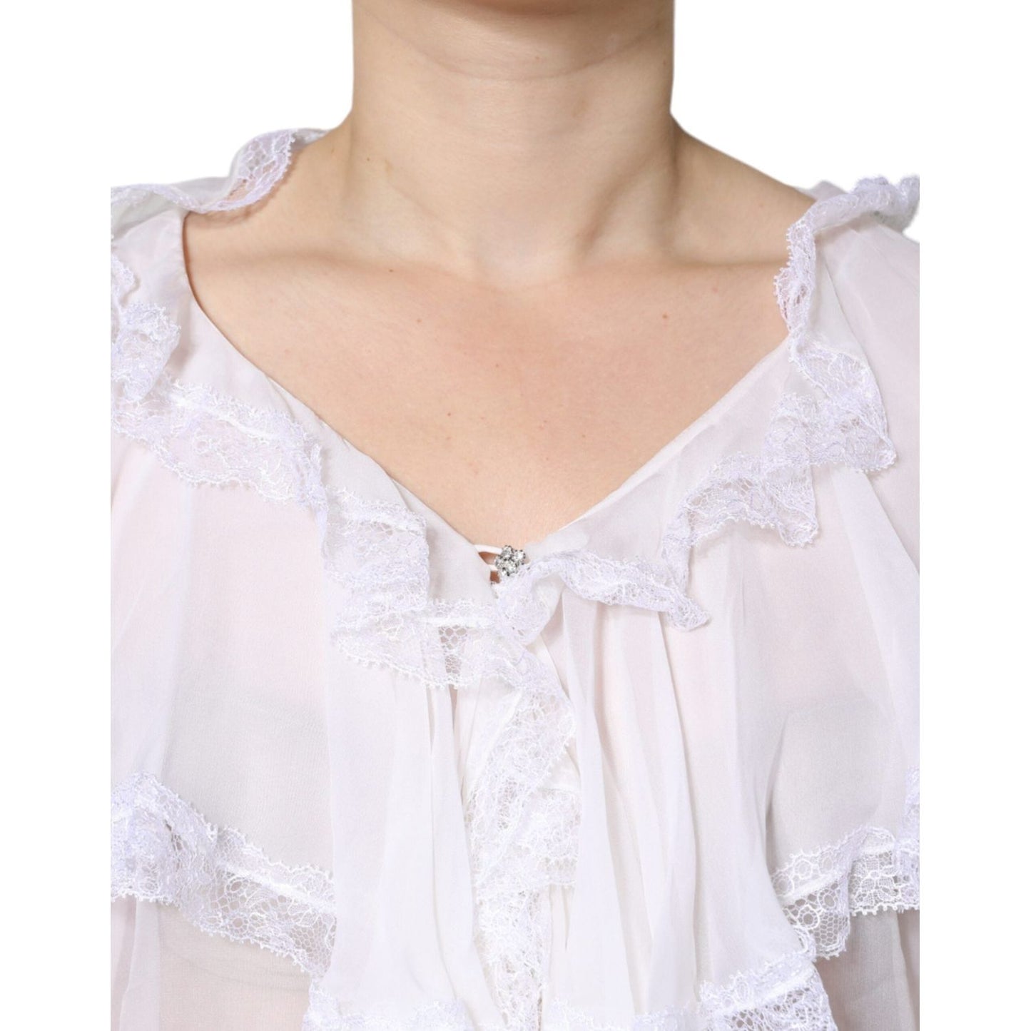 Dolce & Gabbana White Ruffles Lace Long Sleeve Blouse Top Dolce & Gabbana Light Gray