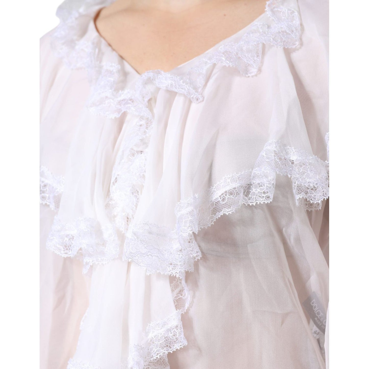 Dolce & Gabbana White Ruffles Lace Long Sleeve Blouse Top Dolce & Gabbana Light Gray