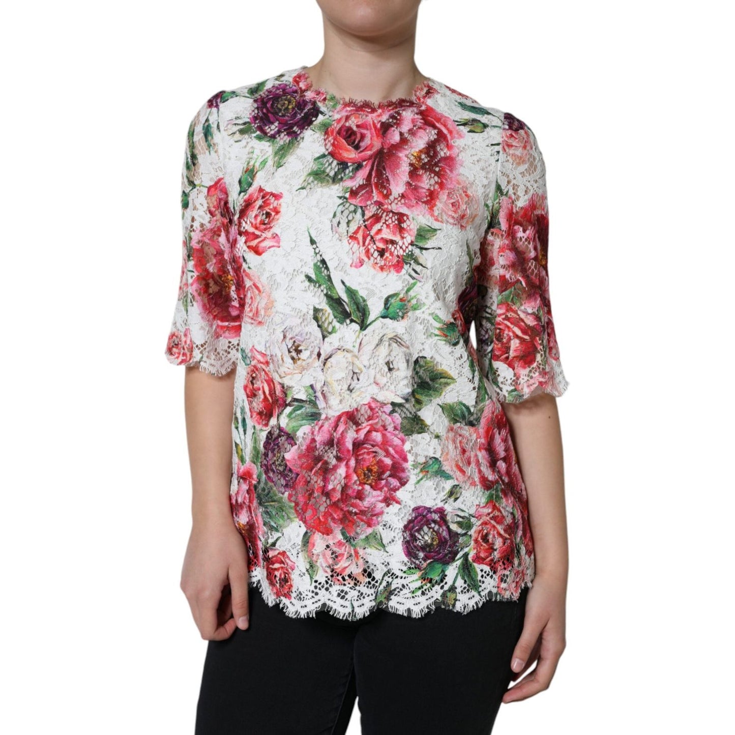 Dolce & Gabbana White Peony Lace Short Sleeves Blouse Top Dolce & Gabbana Rosy Brown