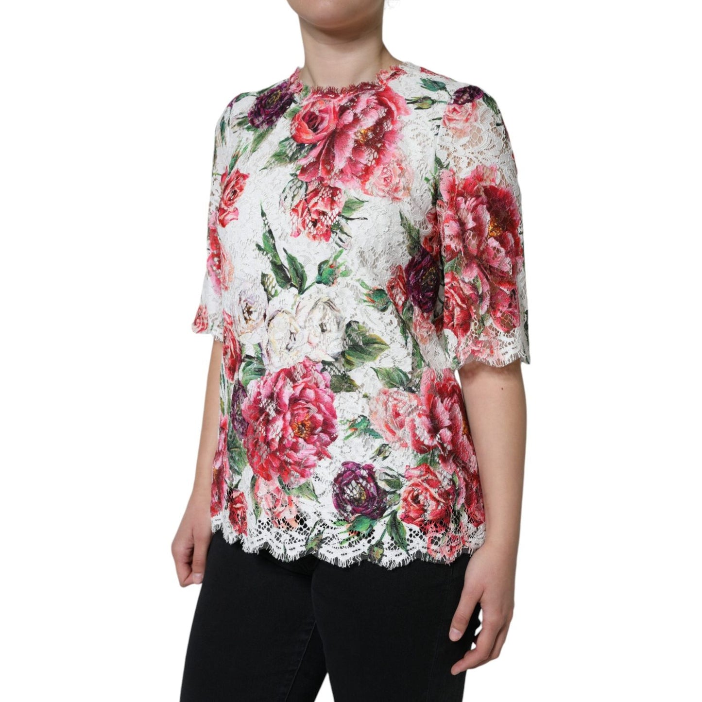 Dolce & Gabbana White Peony Lace Short Sleeves Blouse Top Dolce & Gabbana Rosy Brown