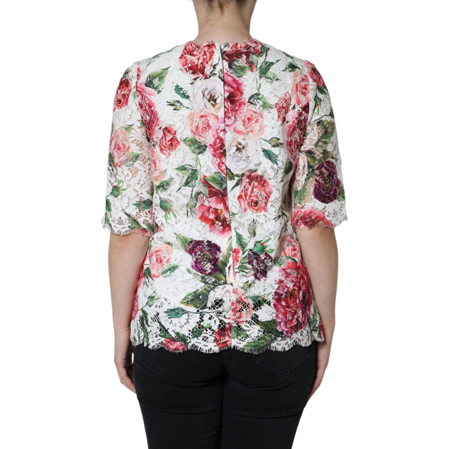 Dolce & Gabbana White Peony Lace Short Sleeves Blouse Top Dolce & Gabbana Gray