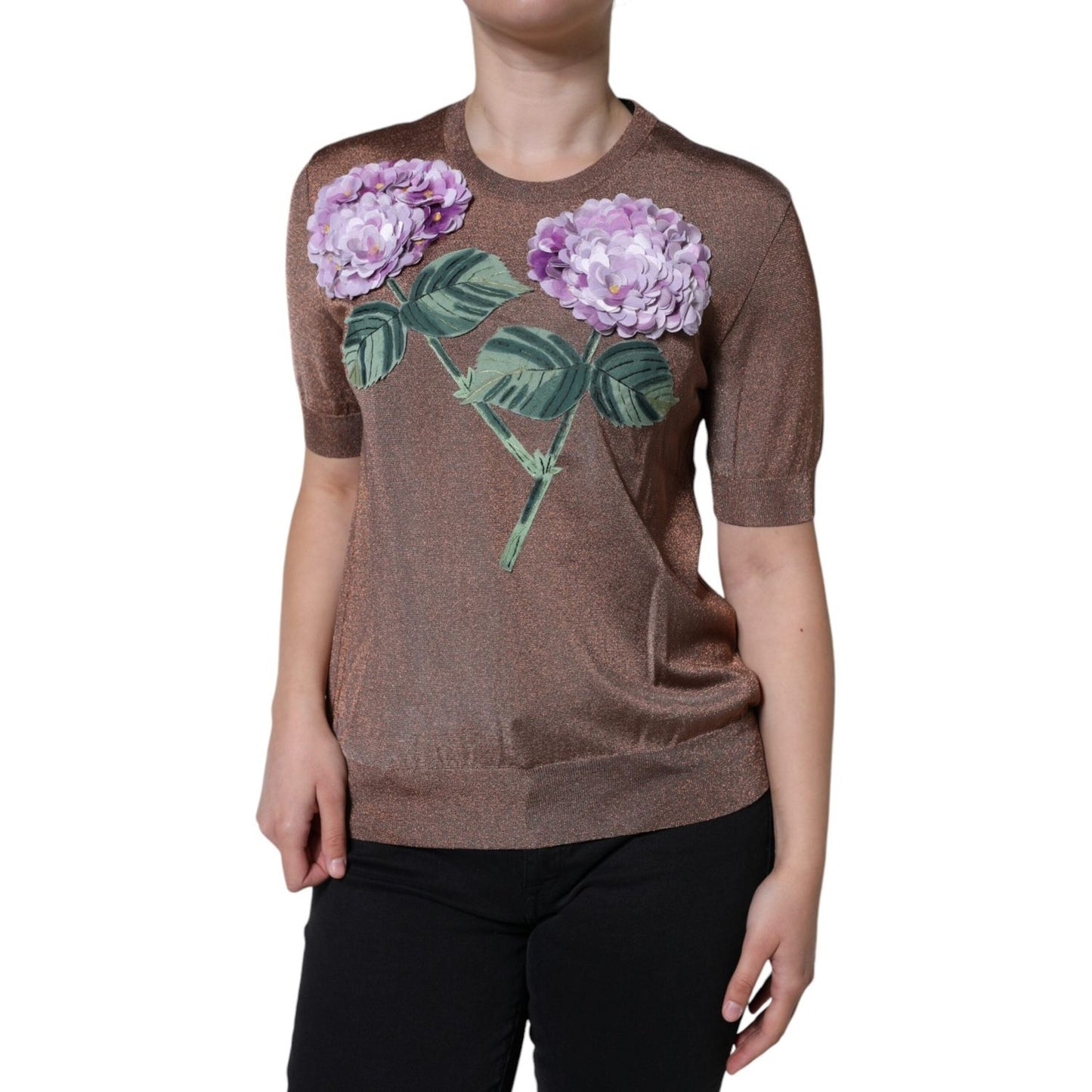 Dolce & Gabbana Brown Floral Applique Viscose Short Sleeve Top Dolce & Gabbana Dim Gray
