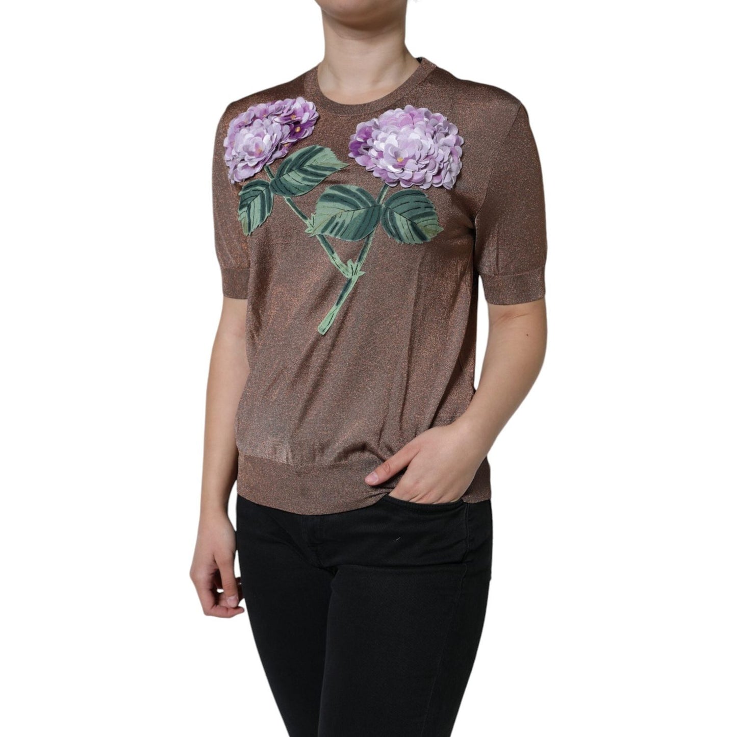 Dolce & Gabbana Brown Floral Applique Viscose Short Sleeve Top Dolce & Gabbana Dim Gray