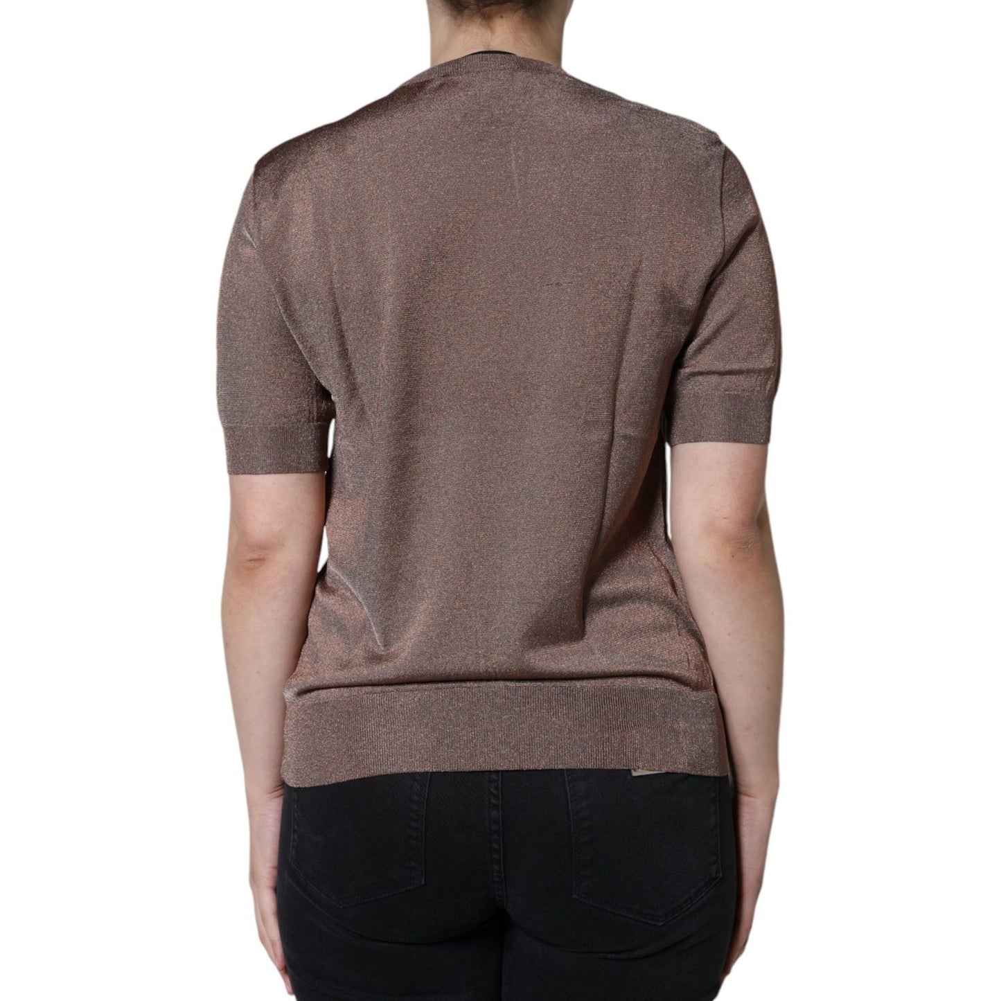 Dolce & Gabbana Brown Floral Applique Viscose Short Sleeve Top Dolce & Gabbana Dim Gray