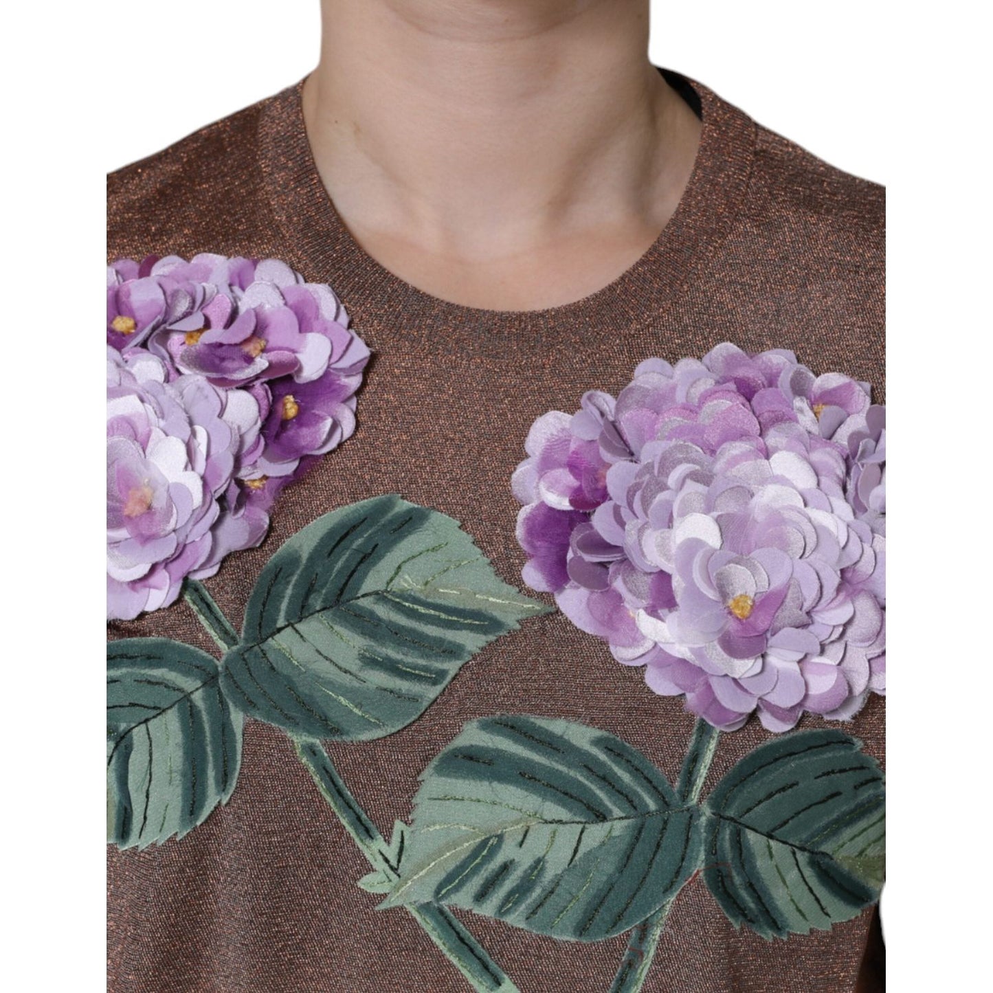 Dolce & Gabbana Brown Floral Applique Viscose Short Sleeve Top Dolce & Gabbana Dim Gray