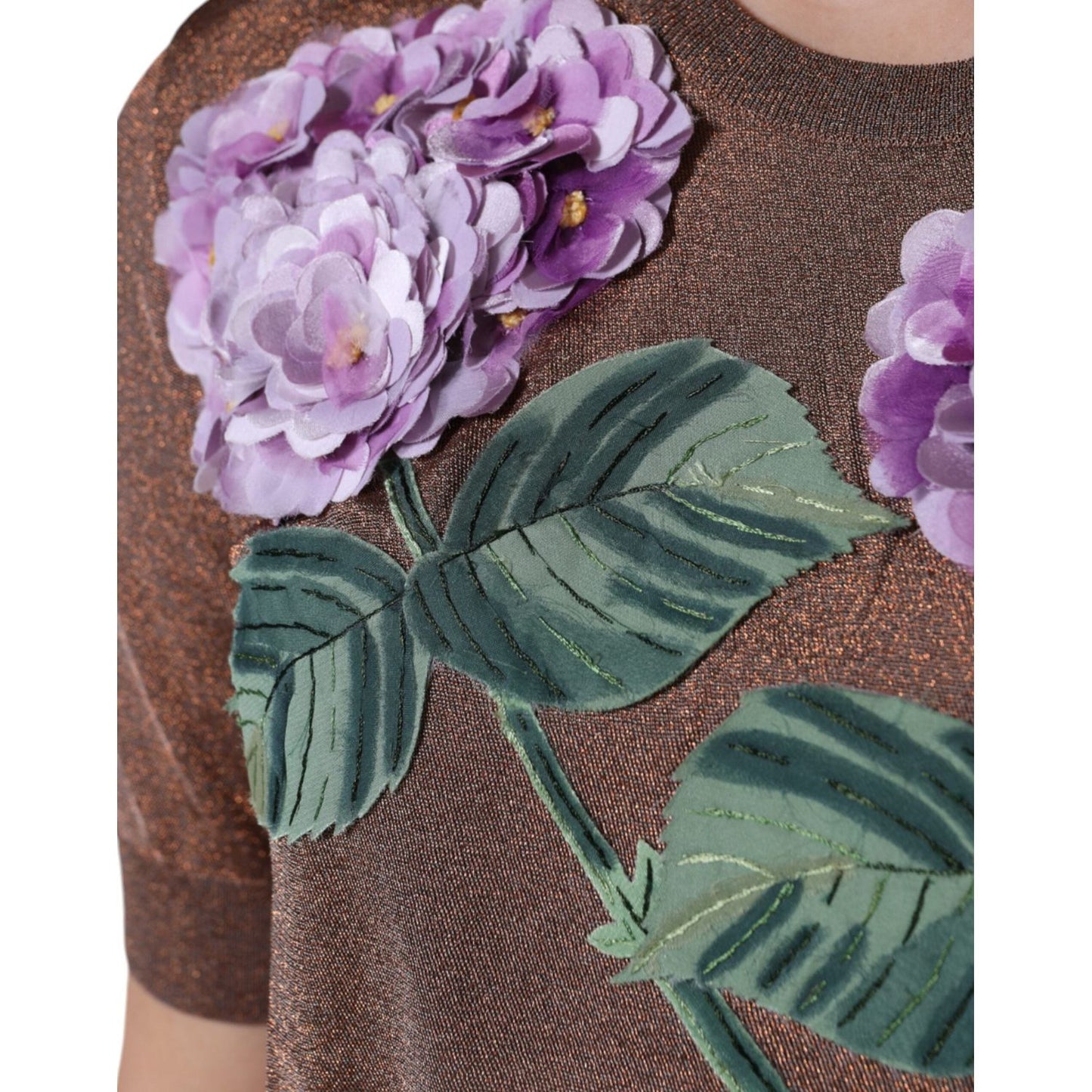 Dolce & Gabbana Brown Floral Applique Viscose Short Sleeve Top Dolce & Gabbana Dim Gray