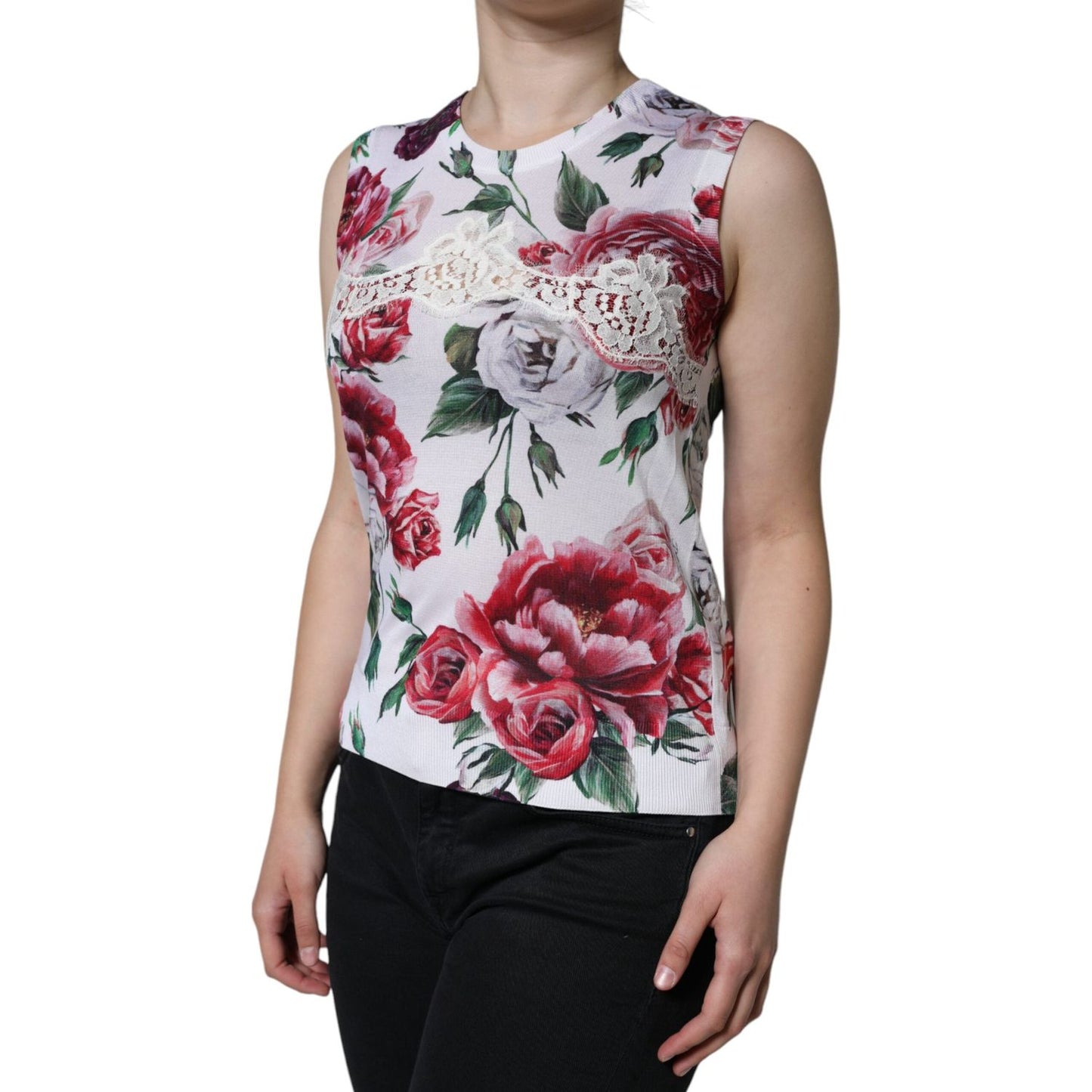 Dolce & Gabbana White Floral Lace Silk Sleeveless Tank Top Dolce & Gabbana Rosy Brown