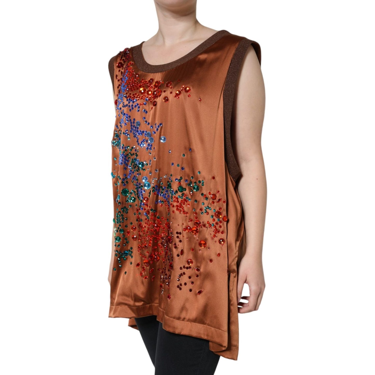 Dolce & Gabbana Brown Crystal Embellished Sleeveless Tank Top Dolce & Gabbana Sienna