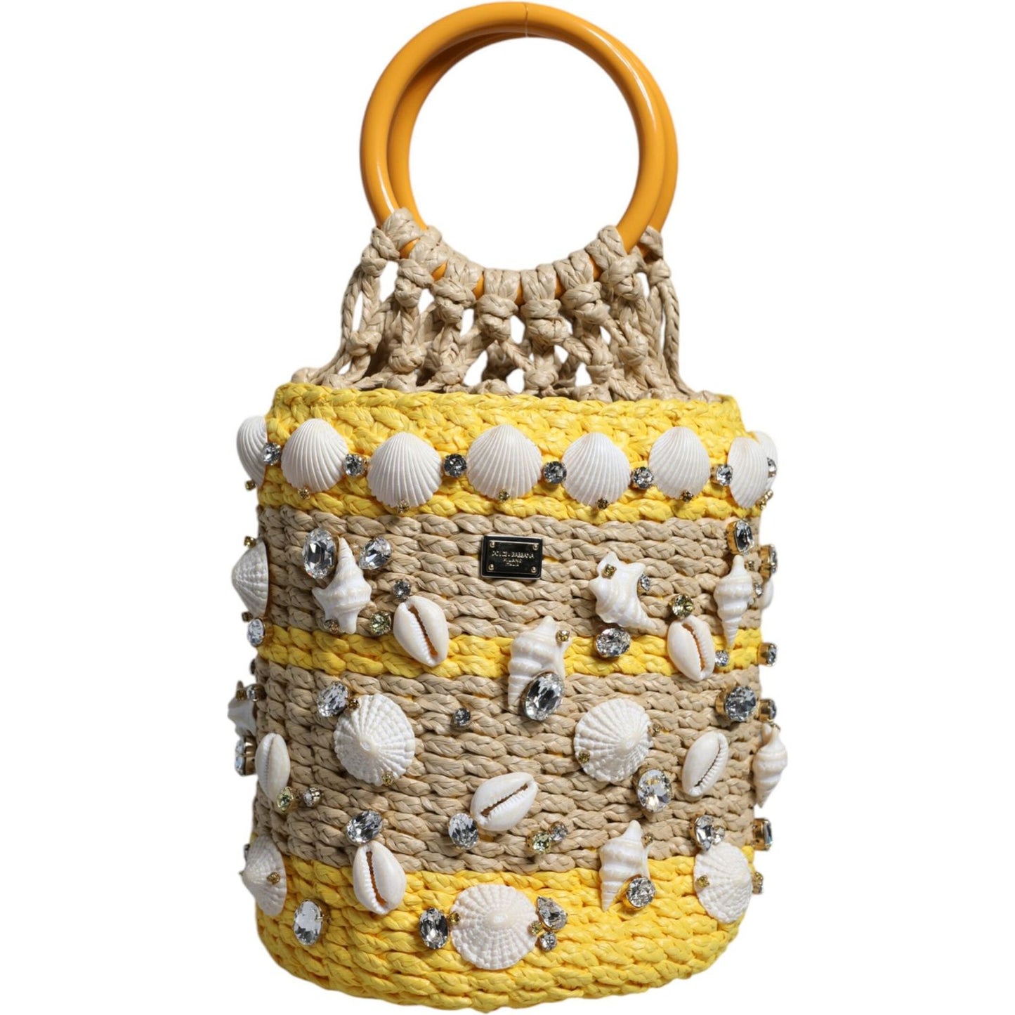 Dolce & Gabbana Beige Yellow Rafia Seashells Crystal Bucket Bag Dolce & Gabbana Dark Khaki