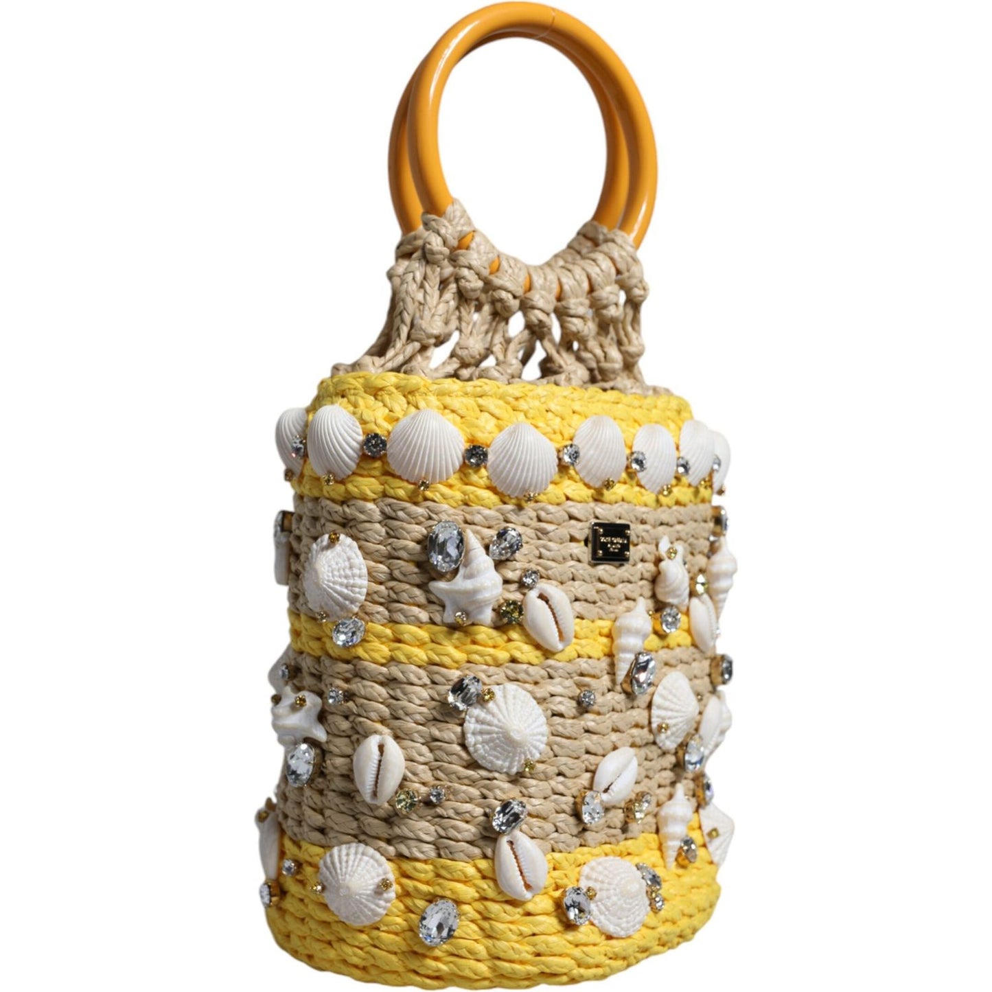 Dolce & Gabbana Beige Yellow Rafia Seashells Crystal Bucket Bag Dolce & Gabbana Dark Khaki