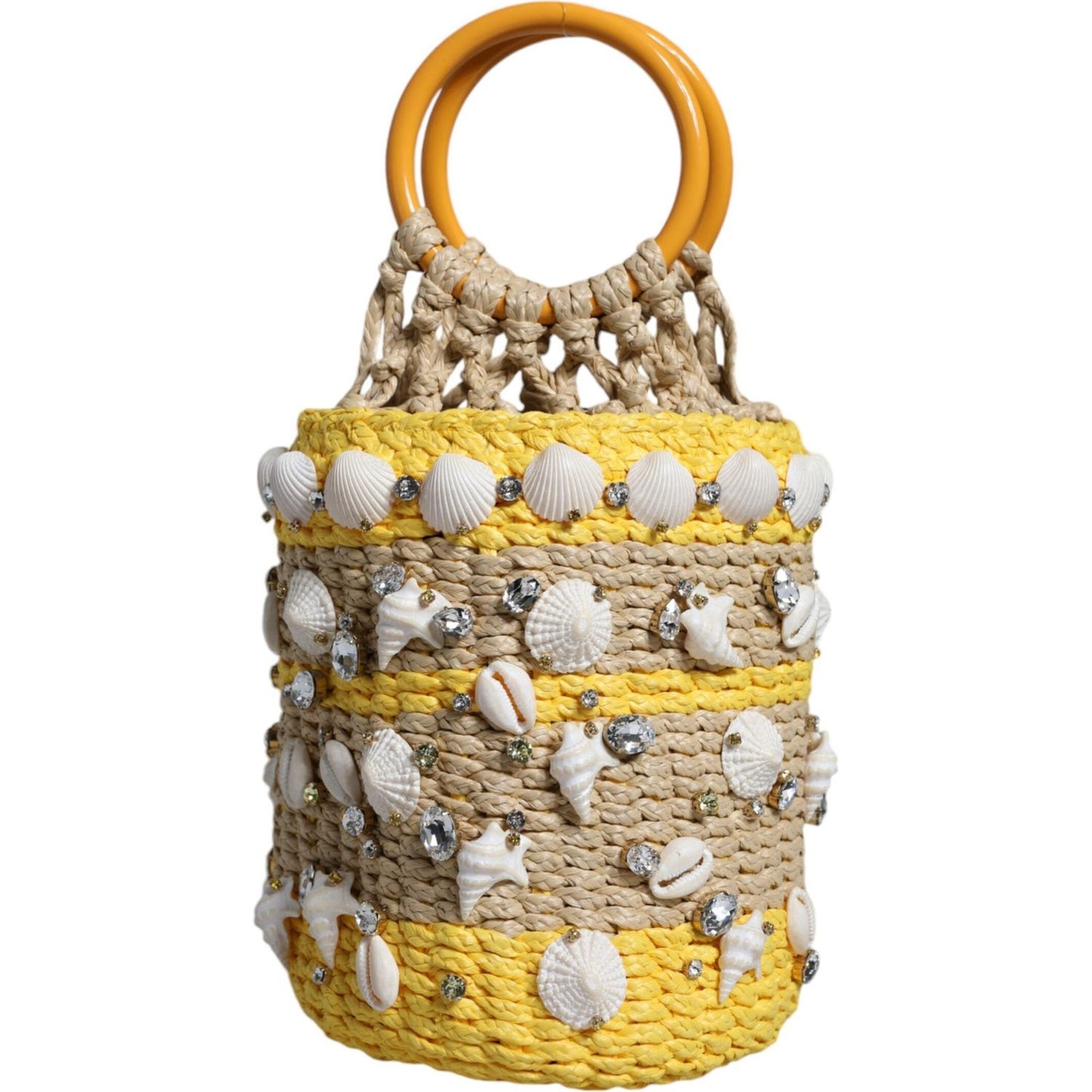 Dolce & Gabbana Beige Yellow Rafia Seashells Crystal Bucket Bag Dolce & Gabbana Dark Khaki
