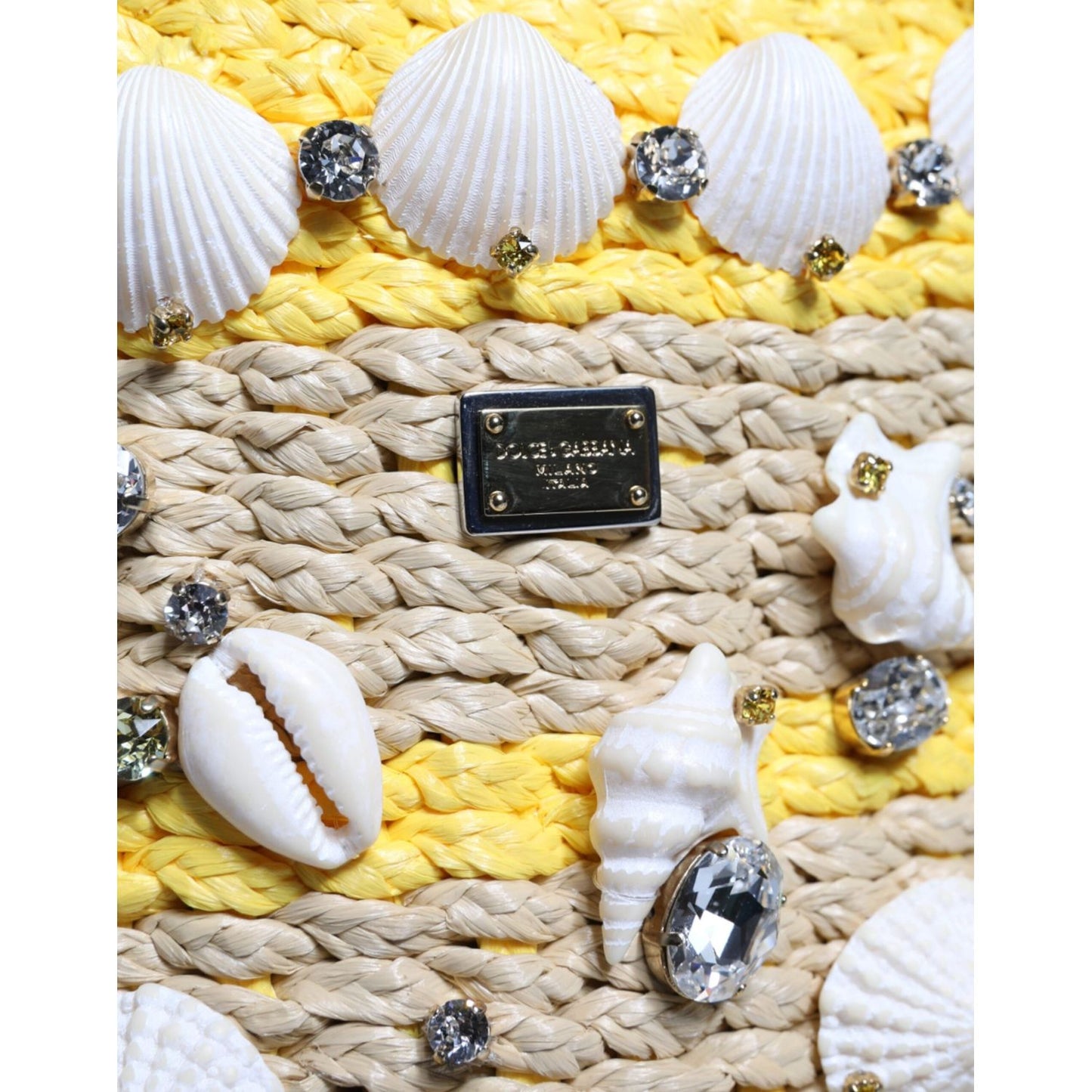 Dolce & Gabbana Beige Yellow Rafia Seashells Crystal Bucket Bag Dolce & Gabbana Light Gray