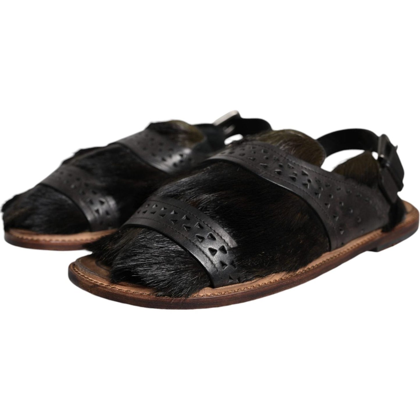 Dolce & Gabbana Black Gazelle Hair Leather Flats Sandals Shoes Dolce & Gabbana Black