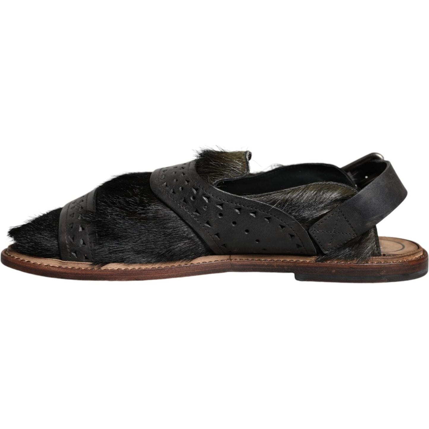 Dolce & Gabbana Black Gazelle Hair Leather Flats Sandals Shoes Dolce & Gabbana Dark Slate Gray
