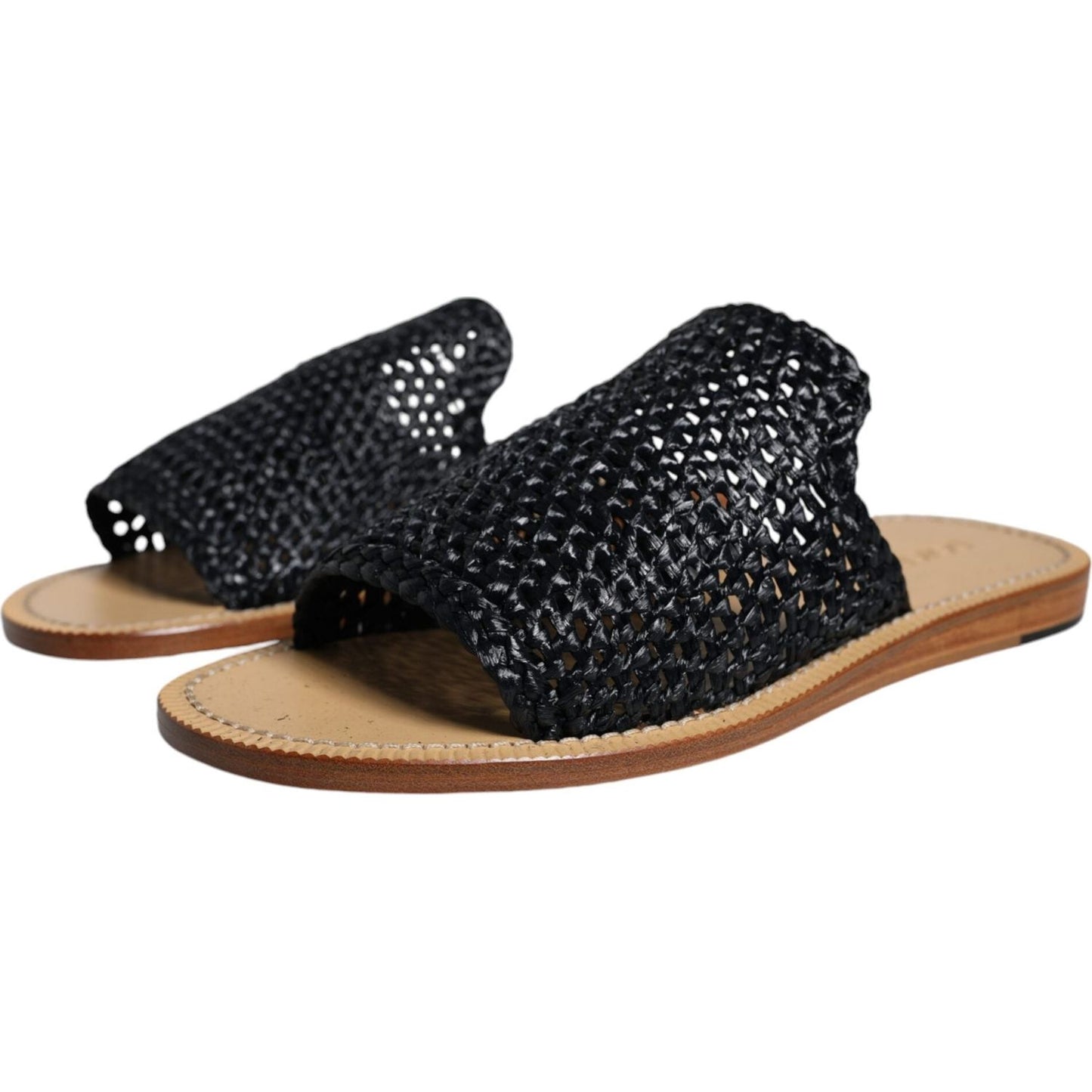 Dolce & Gabbana Black Monochrome Braided Raffia Slides Shoes Dolce & Gabbana Tan