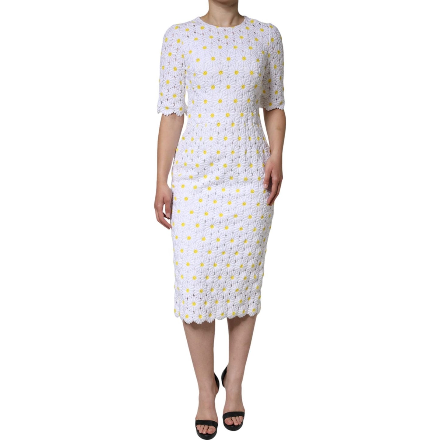 Dolce & Gabbana White Daisy Macrame Lace Sheath Midi Dress Dolce & Gabbana Light Gray
