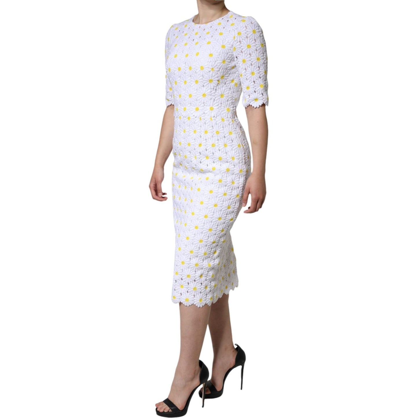 Dolce & Gabbana White Daisy Macrame Lace Sheath Midi Dress Dolce & Gabbana Light Gray