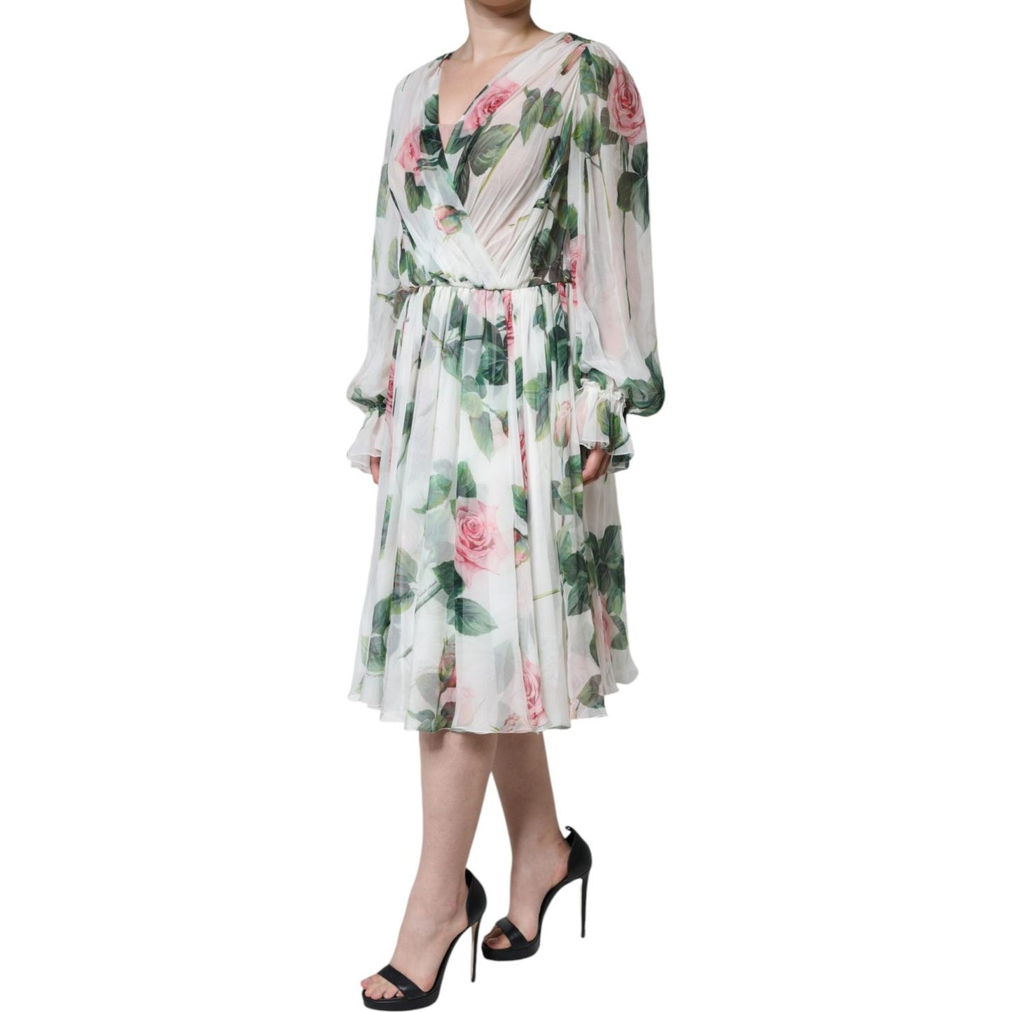 Dolce & Gabbana White Silk Floral Print A-line Midi Dress Dolce & Gabbana Gray