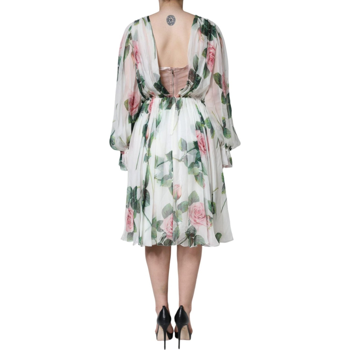 Dolce & Gabbana White Silk Floral Print A-line Midi Dress Dolce & Gabbana Gray