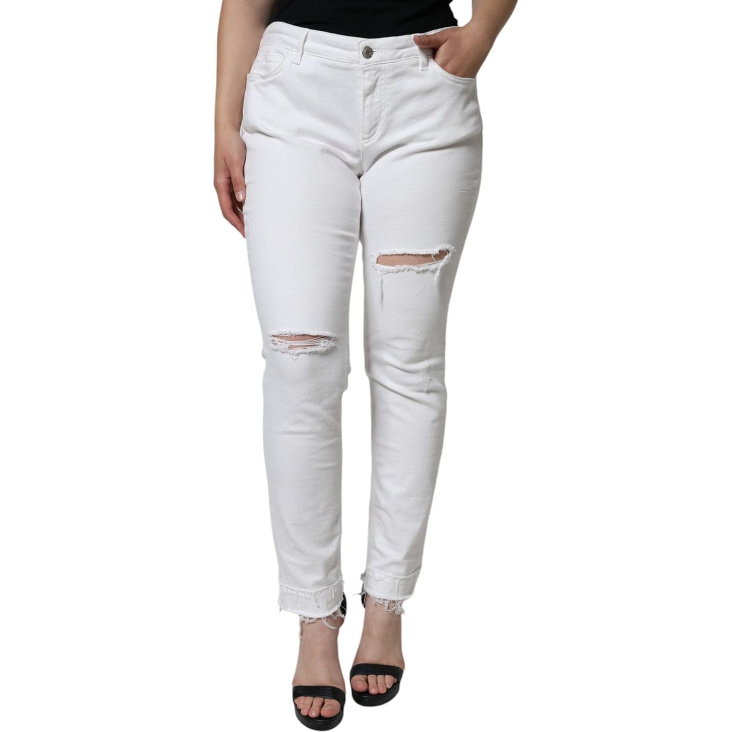 Dolce & Gabbana White Cotton Stretch Tattered Skinny Jeans Dolce & Gabbana Gray