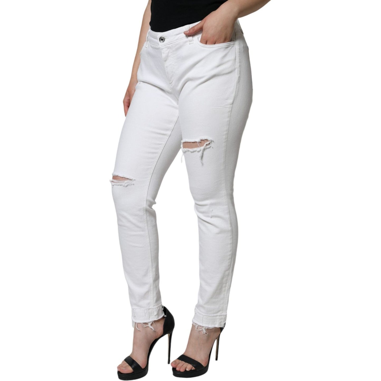 Dolce & Gabbana White Cotton Stretch Tattered Skinny Jeans Dolce & Gabbana Light Gray