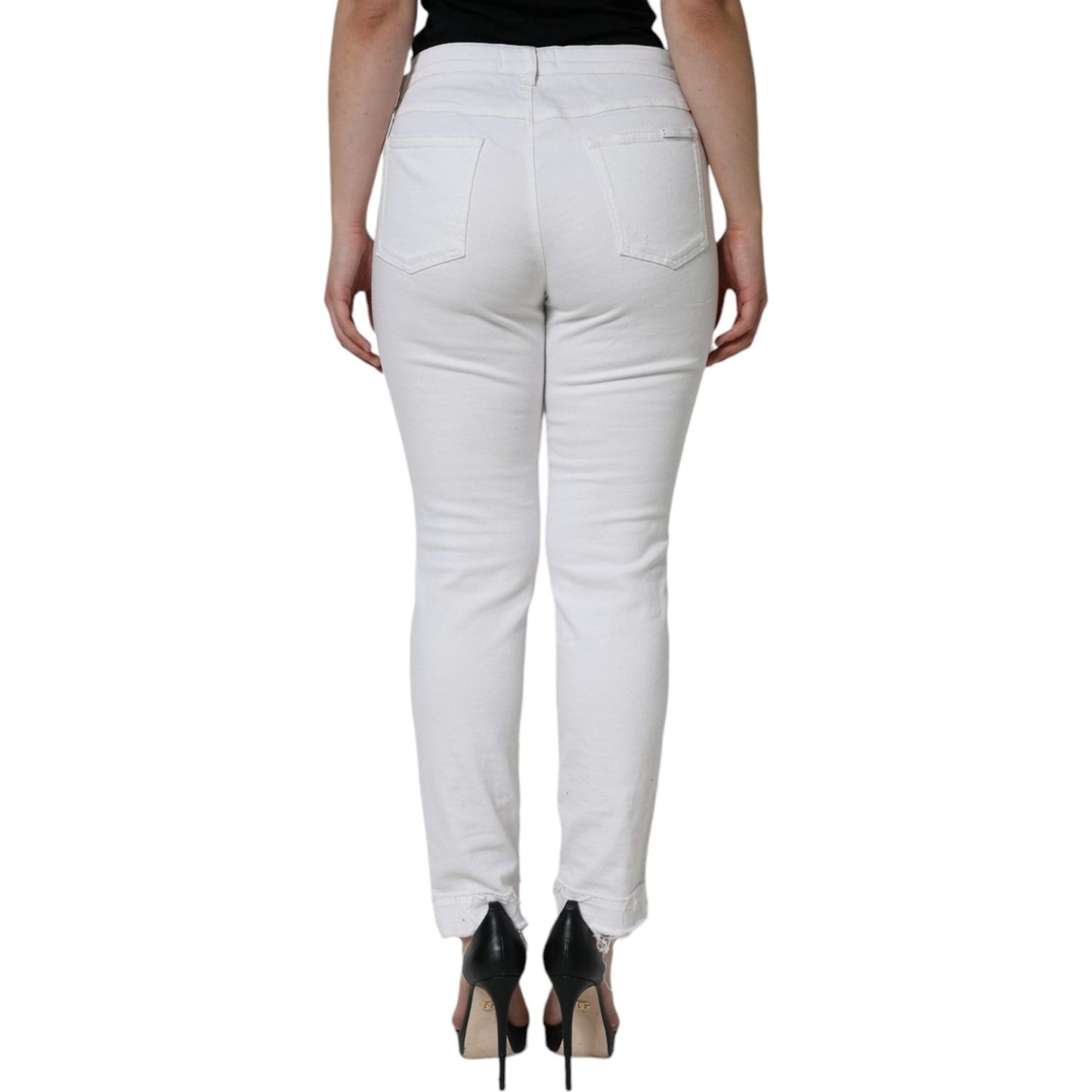 Dolce & Gabbana White Cotton Stretch Tattered Skinny Jeans Dolce & Gabbana Gray