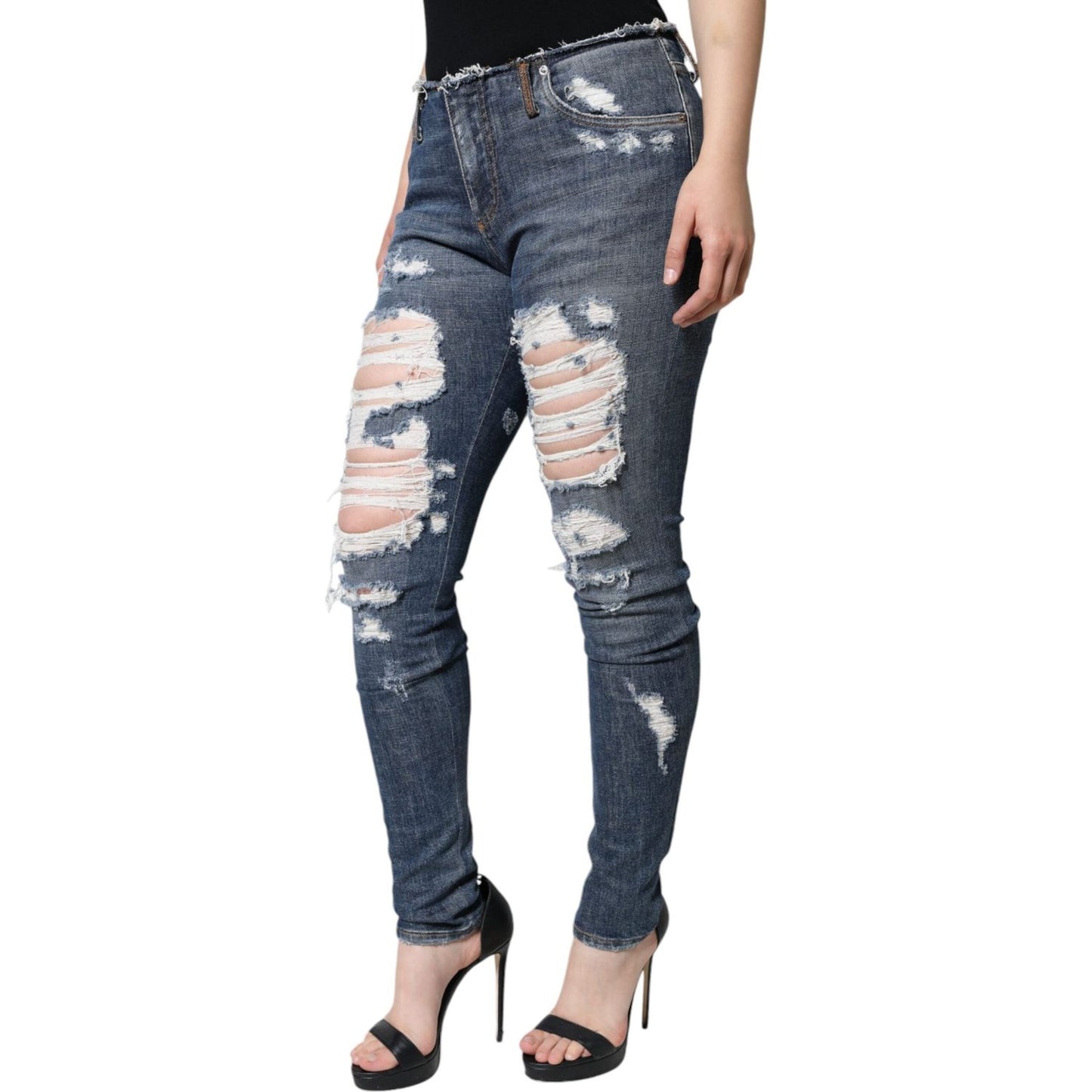Dolce & Gabbana Blue Cotton Stretch Tattered Skinny Jeans Dolce & Gabbana Dark Slate Gray