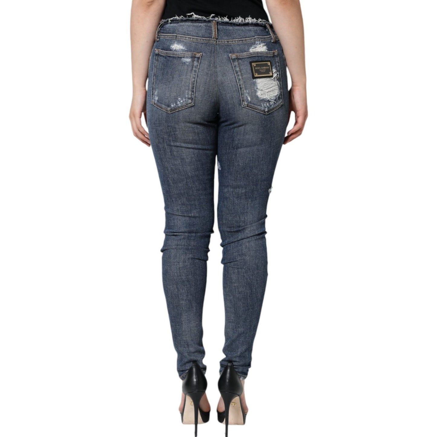 Dolce & Gabbana Blue Cotton Stretch Tattered Skinny Jeans Dolce & Gabbana Dark Slate Gray