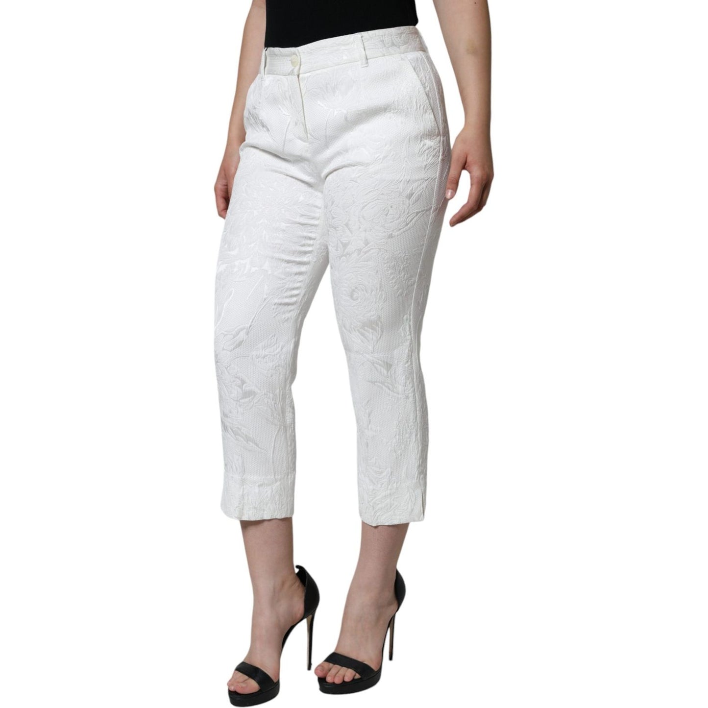 Dolce & Gabbana White Floral Brocade Cotton Cropped Pants Dolce & Gabbana Light Gray
