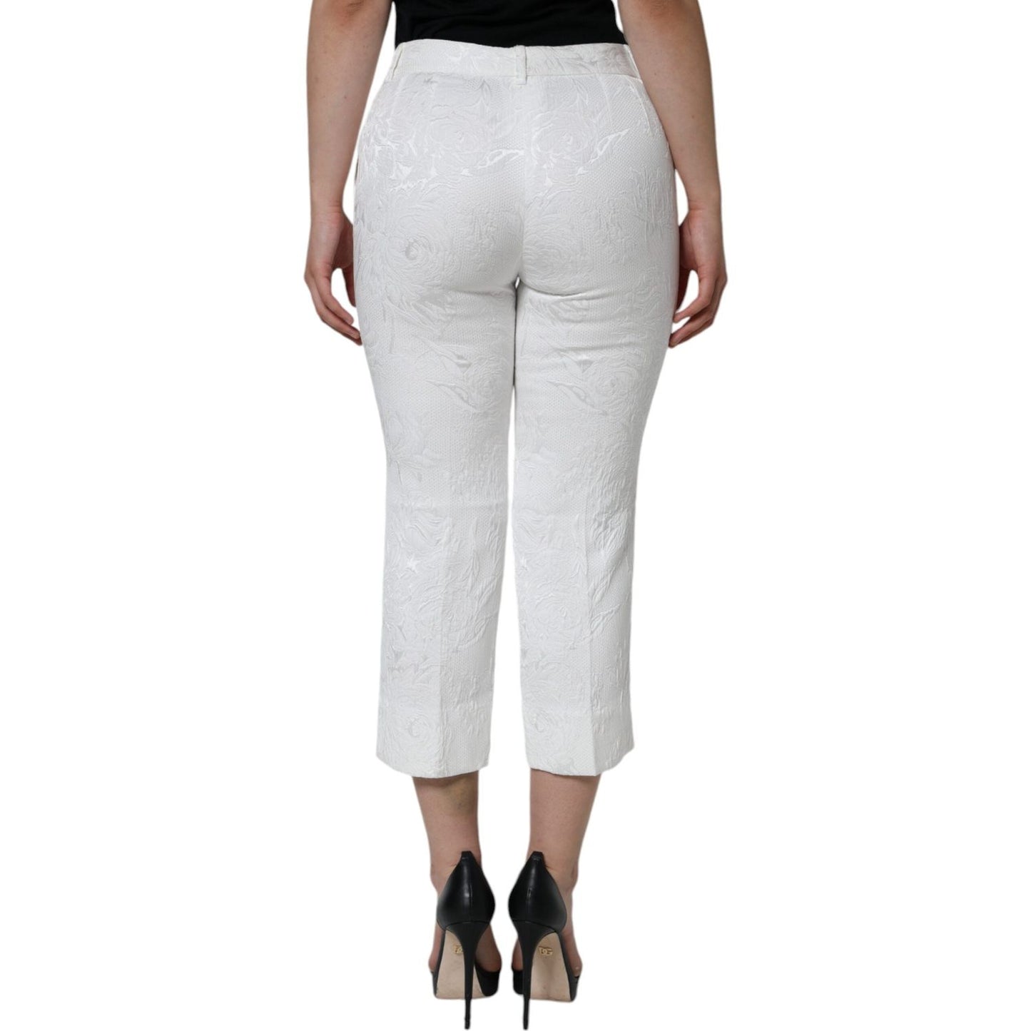 Dolce & Gabbana White Floral Brocade Cotton Cropped Pants Dolce & Gabbana Gray
