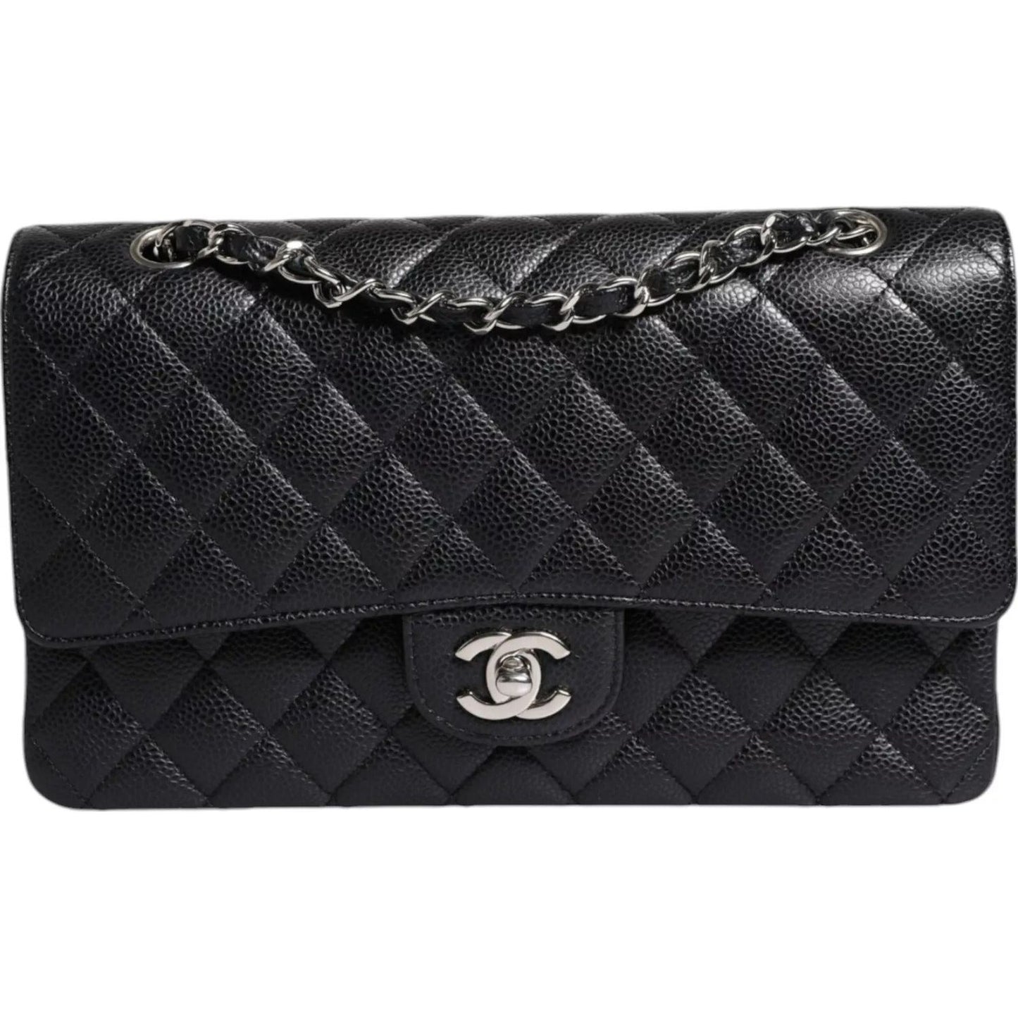 Chanel Black Caviar Medium Classic Double Flap Shoulder Quilted Silver Bag Chanel Dark Slate Gray