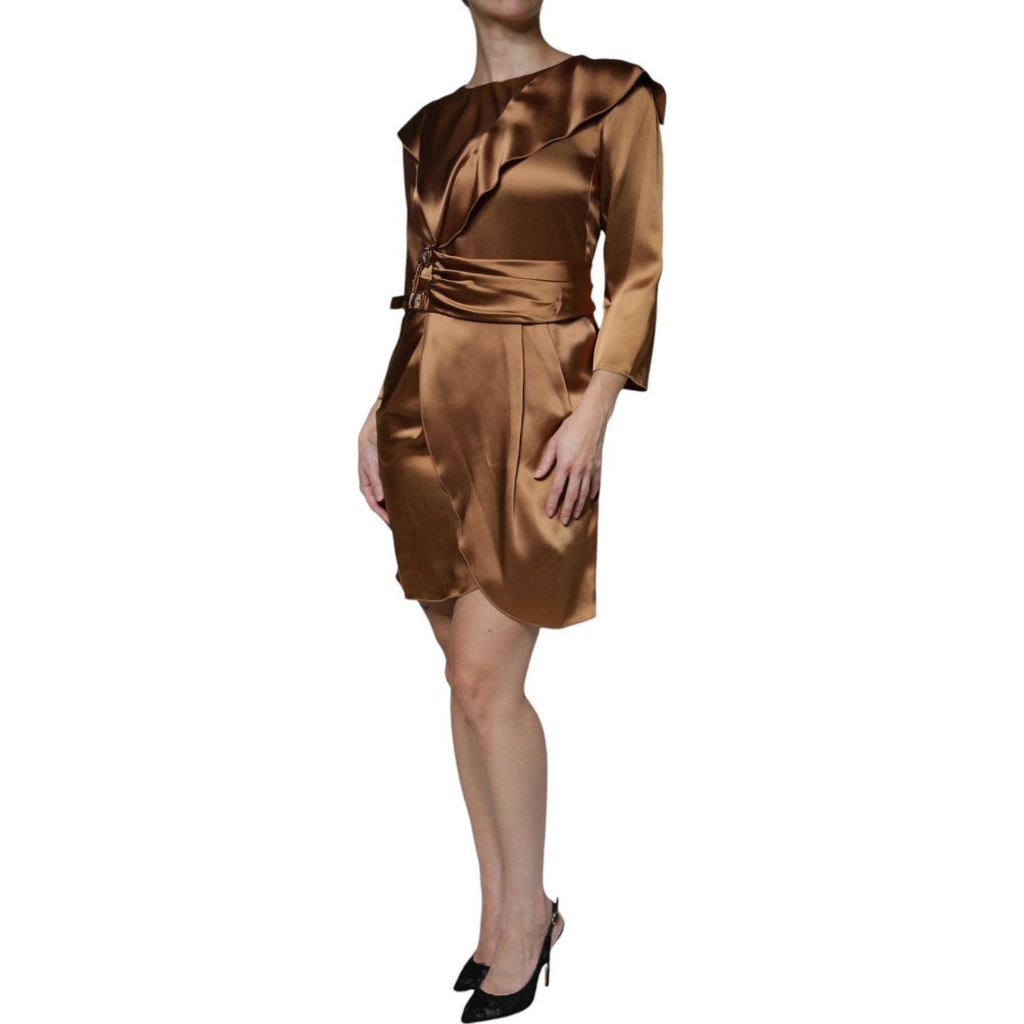 Emporio Armani Brown Satin Long Sleeves Wrap Sheath Mini Dress Emporio Armani Sienna