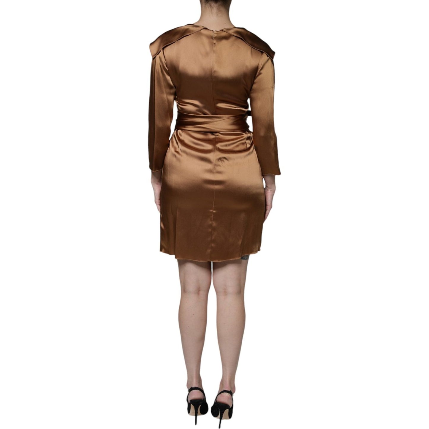 Emporio Armani Brown Satin Long Sleeves Wrap Sheath Mini Dress Emporio Armani Sienna