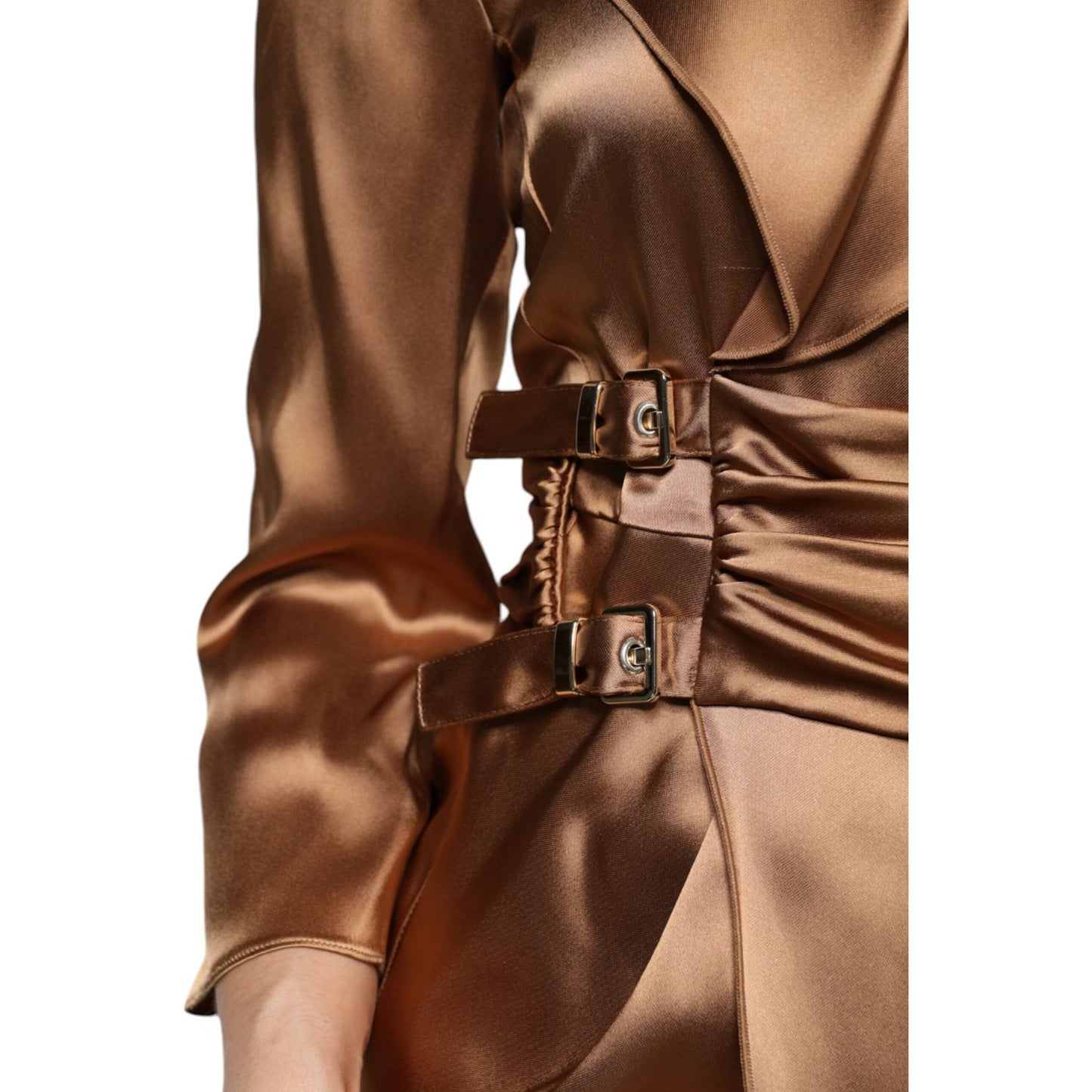 Emporio Armani Brown Satin Long Sleeves Wrap Sheath Mini Dress Emporio Armani Saddle Brown