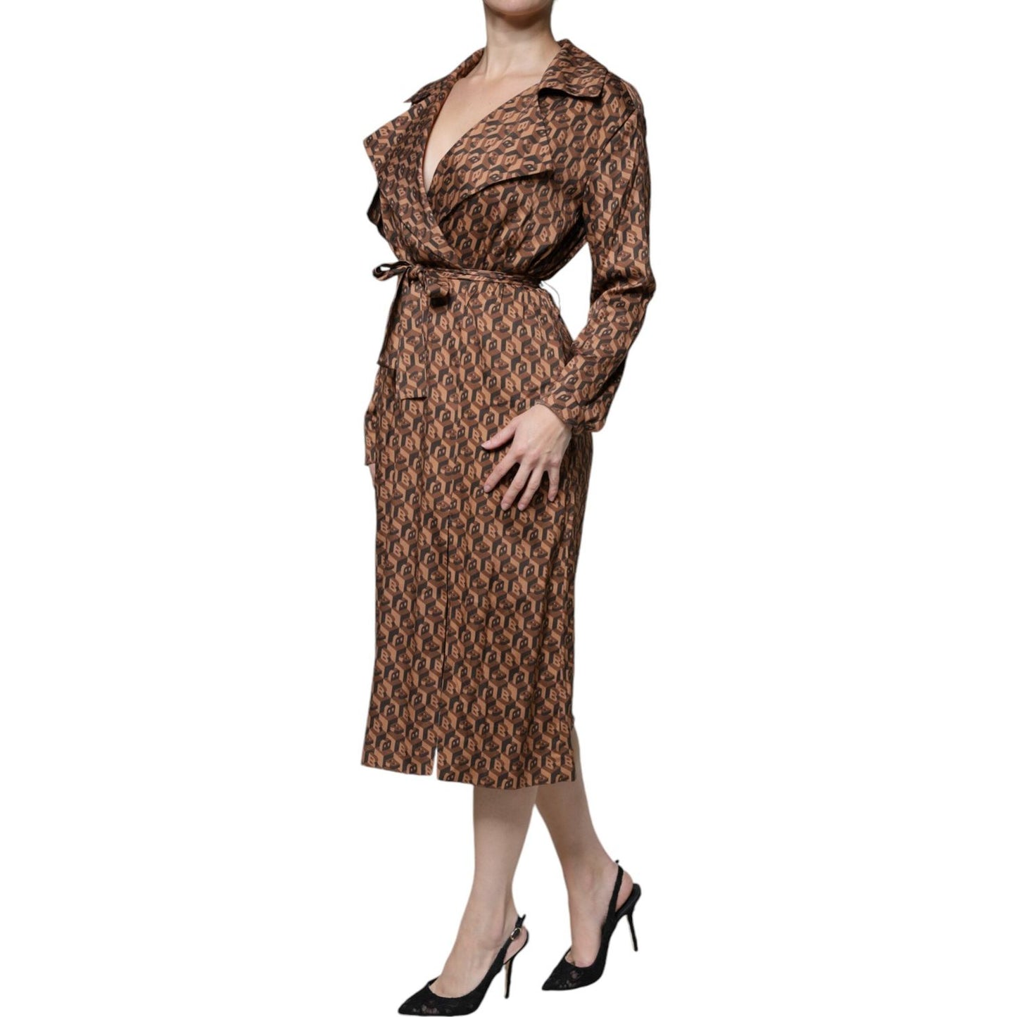 Ballantyne Brown Printed Long Sleeves V-neck Wrap Midi Dress Ballantyne Dark Olive Green