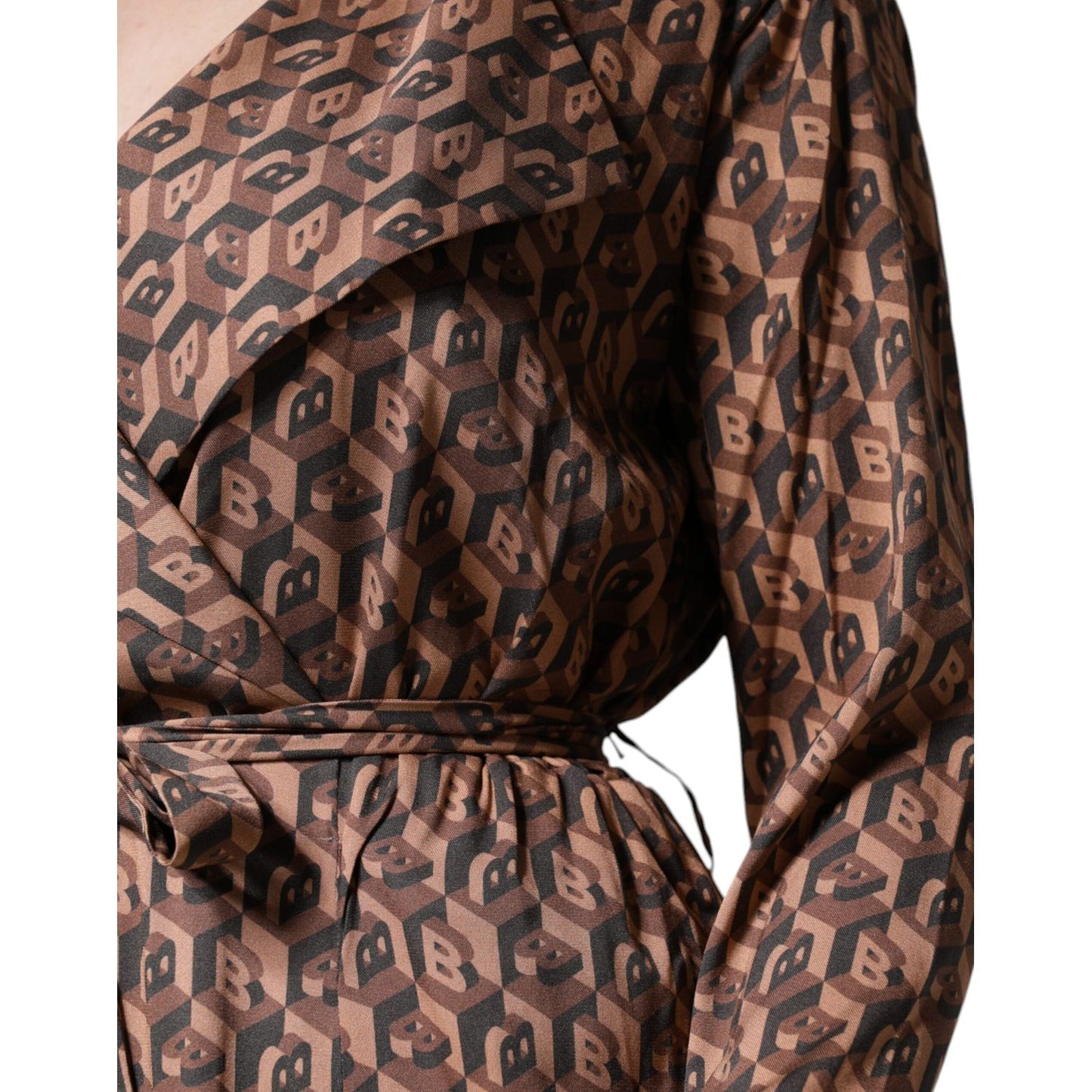 Ballantyne Brown Printed Long Sleeves V-neck Wrap Midi Dress Ballantyne Dark Slate Gray
