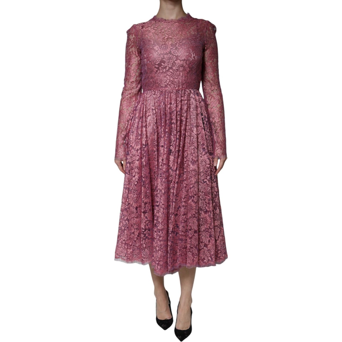 Dolce & Gabbana Fuchsia Floral Lace Long Sleeve Maxi Dress Dolce & Gabbana Dim Gray