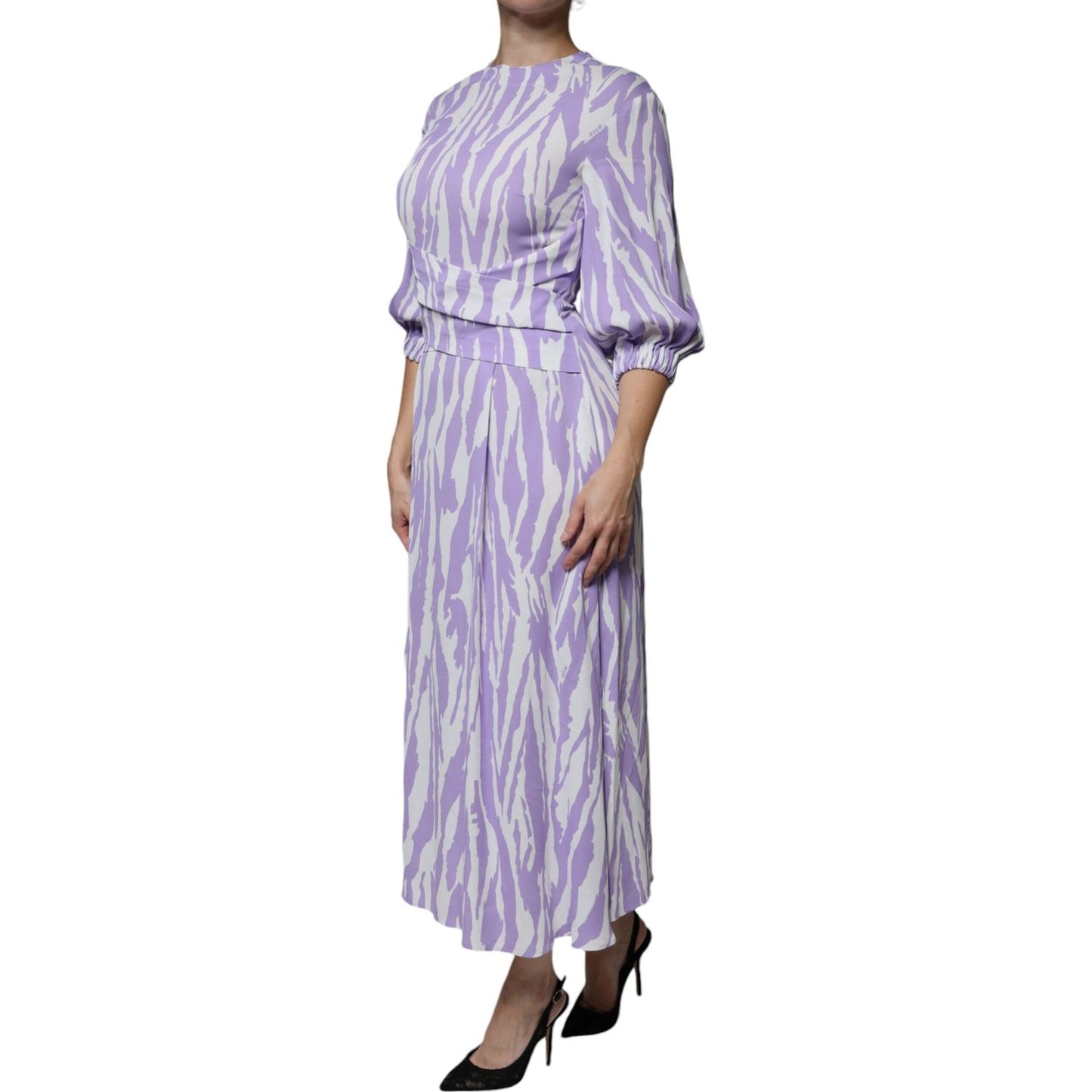 MSGM White Purple Patterned Viscose Short Sleeves Maxi Dress MSGM Gray