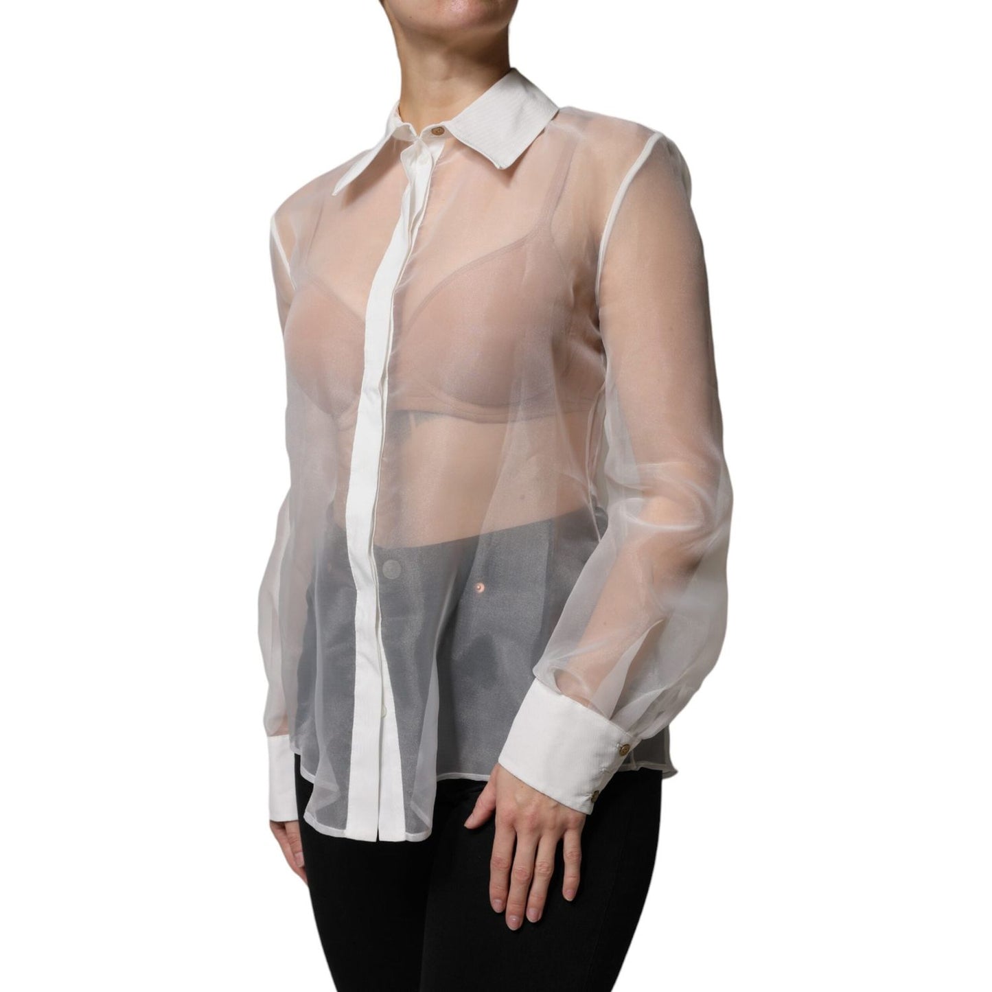 Elisabetta Franchi White Sheer Collared Buttoned Long Sleeves Top Elisabetta Franchi Rosy Brown