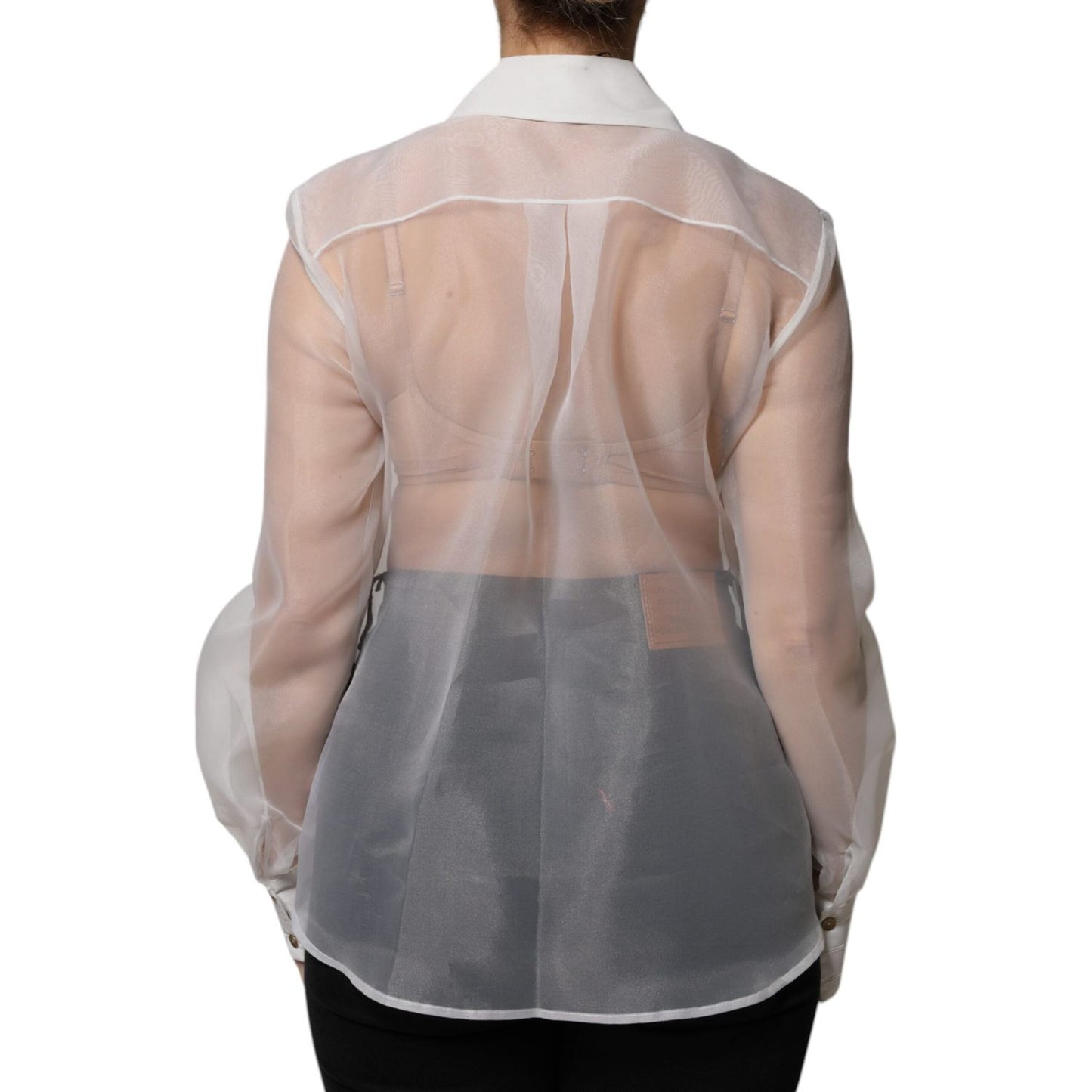 Elisabetta Franchi White Sheer Collared Buttoned Long Sleeves Top Elisabetta Franchi Light Slate Gray