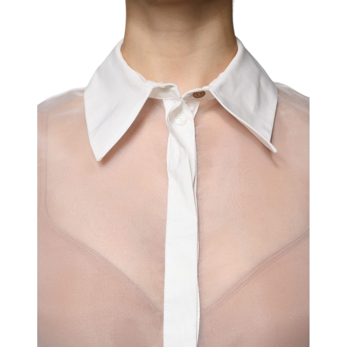 Elisabetta Franchi White Sheer Collared Buttoned Long Sleeves Top Elisabetta Franchi Gray