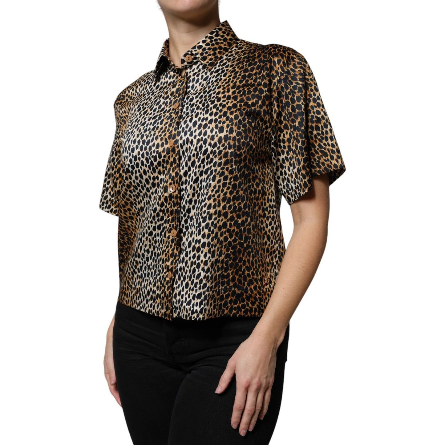 Dolce & Gabbana Brown Leopard Print Short Sleeves Blouse Top Dolce & Gabbana Rosy Brown
