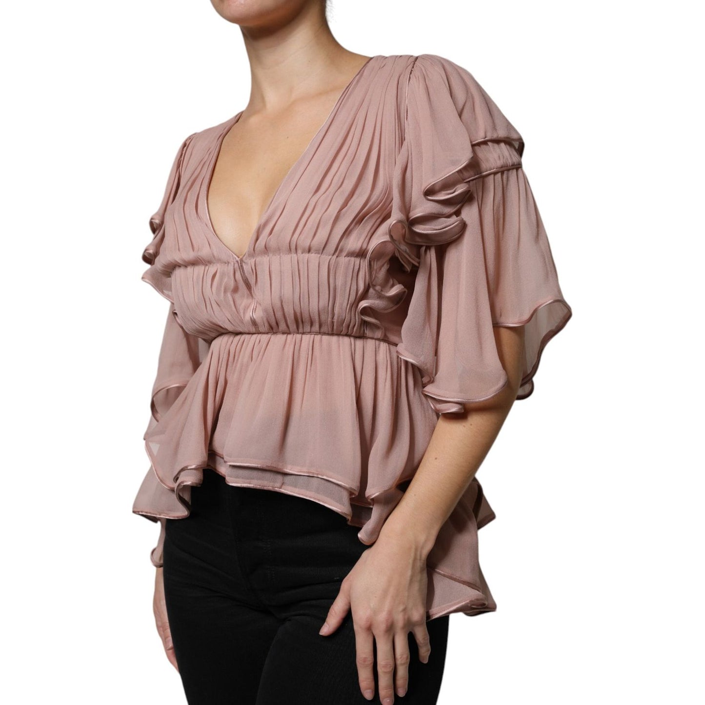 Alberta Ferretti Brown Silk Short Sleeves V-neck Pleated Top Alberta Ferretti Rosy Brown