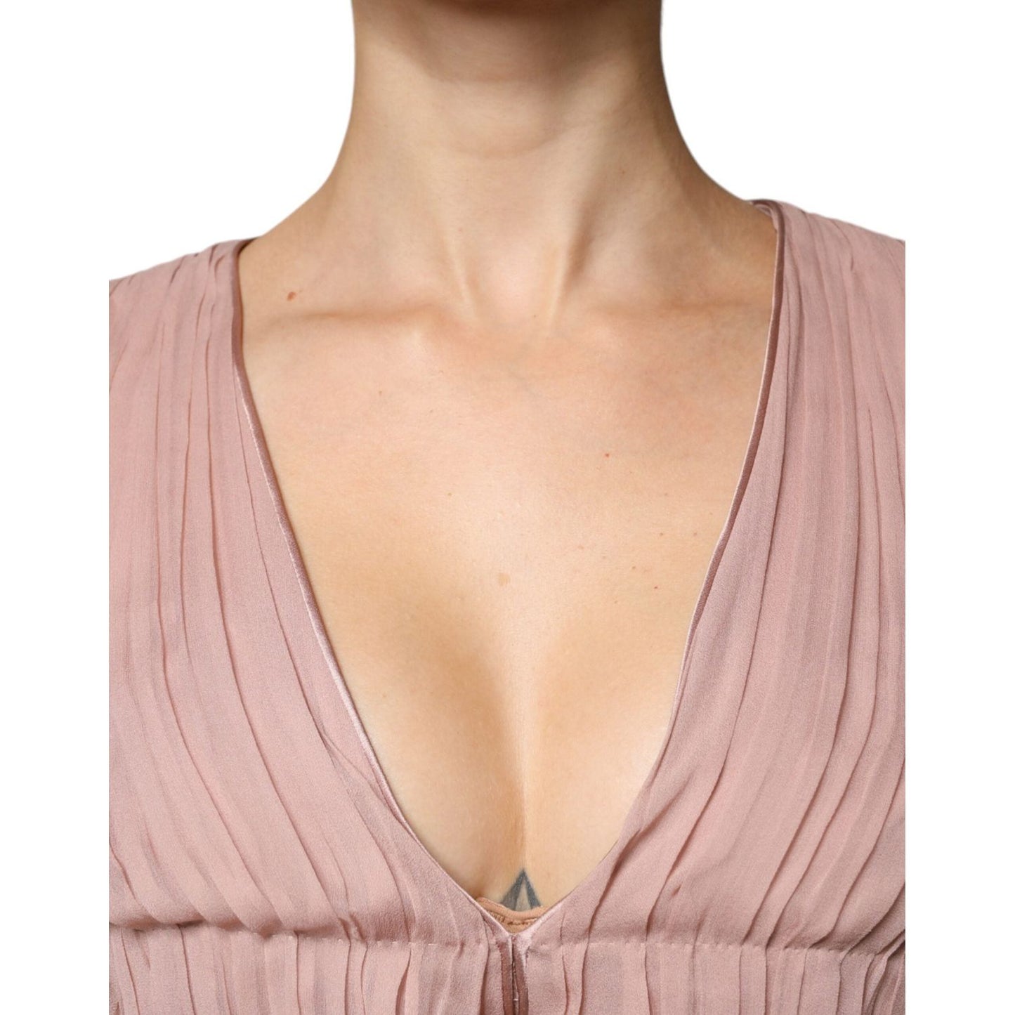 Alberta Ferretti Brown Silk Short Sleeves V-neck Pleated Top Alberta Ferretti Tan