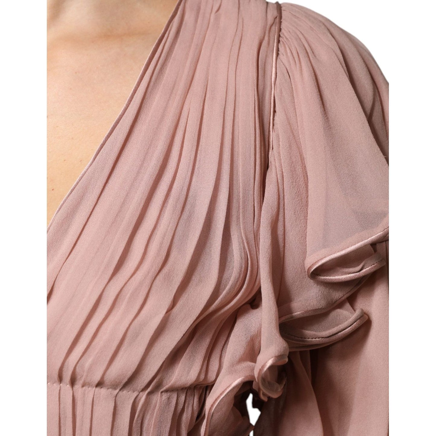 Alberta Ferretti Brown Silk Short Sleeves V-neck Pleated Top Alberta Ferretti Rosy Brown