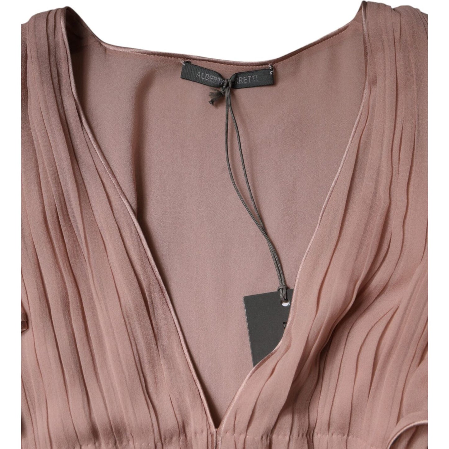 Alberta Ferretti Brown Silk Short Sleeves V-neck Pleated Top Alberta Ferretti Rosy Brown