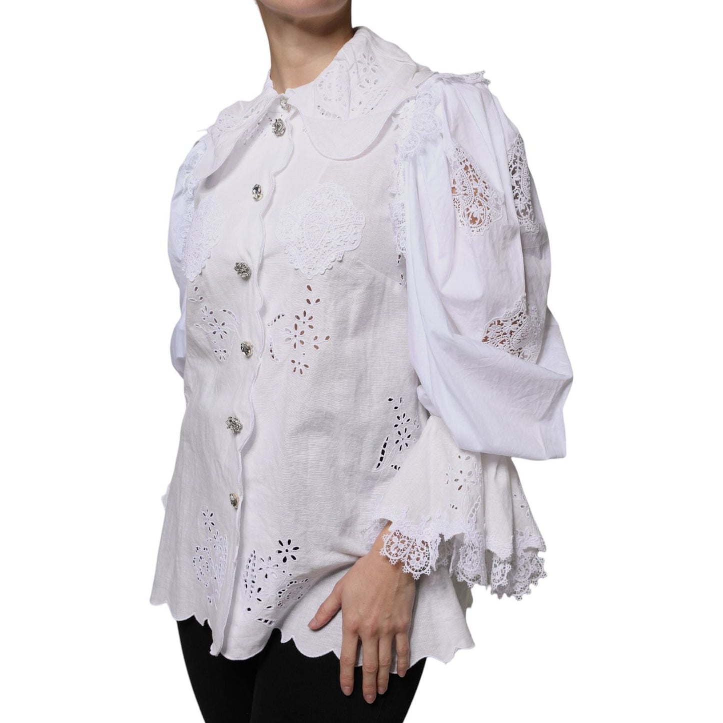 Dolce & Gabbana White Cotton Lace Trim Collared Blouse Top Dolce & Gabbana Light Gray